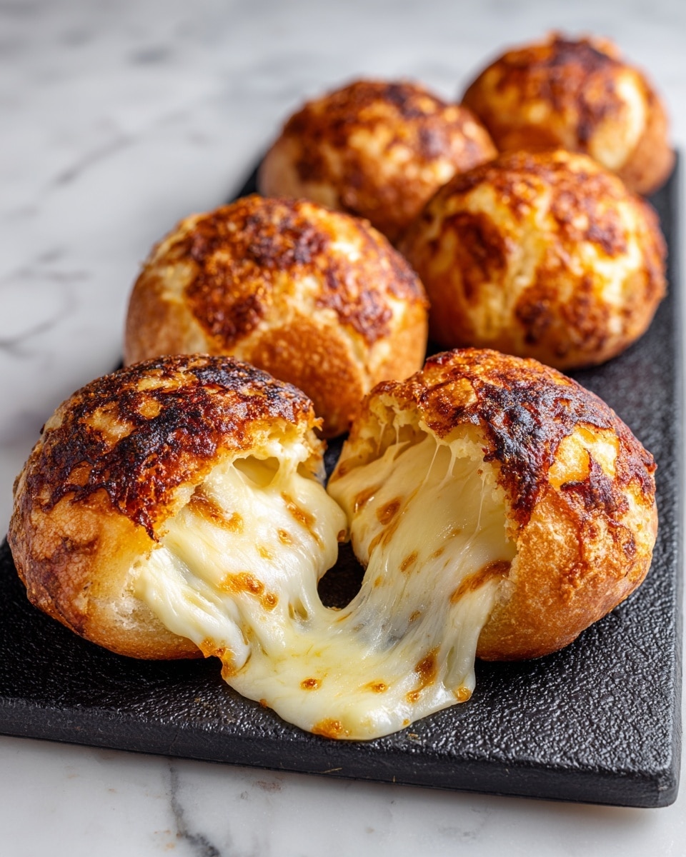 Four round, golden-brown fried cheese stuffed buns are placed in a row on a black textured serving board. The buns have a crispy, textured crust with some darker, almost burnt spots on the top. The closest bun is broken open, showing gooey, melted cheese stretching out in long, shiny strands, creating a rich and creamy texture inside. The black serving board contrasts well with the warm tones of the buns, all set against a white marbled surface. photo taken with an iphone --ar 4:5 --v 7