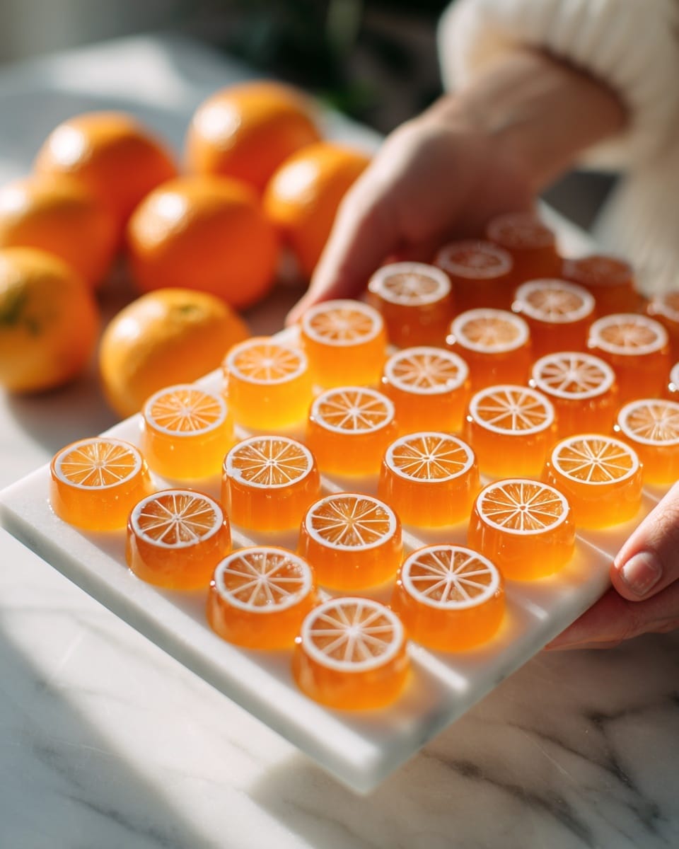 A tray filled with two rows of round orange jelly desserts topped with thin, white, circular patterns resembling citrus slices. Each dessert is translucent with a bright orange color and a smooth, glossy texture. The tray is held by two woman's hands, one on each side. The background surface has a white marbled texture with whole oranges placed near the bottom edge of the tray. Photo taken with an iphone --ar 4:5 --v 7
