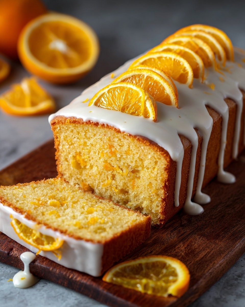 A rectangular orange cake with a golden brown crust sits on a dark wooden board against a white marbled texture. The cake has one thick layer of soft, moist orange sponge with small bits of orange peel visible inside. On top, there is a thick layer of smooth white icing that drips slightly down the sides. The icing is decorated with shiny, thin orange spiral slices arranged in a row. Around the cake, there are a few round orange slices placed for decoration. photo taken with an iphone --ar 4:5 --v 7