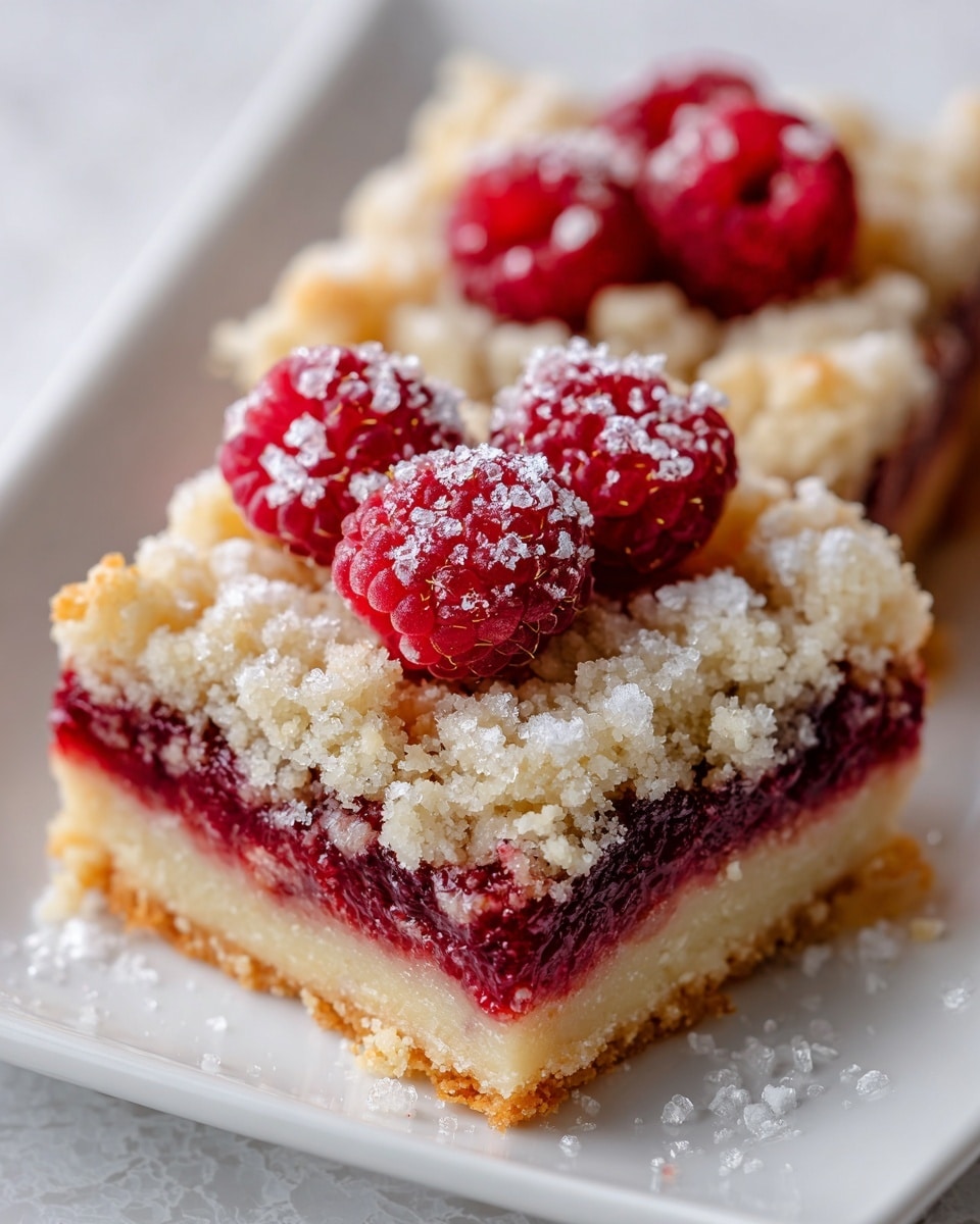 A close-up of a square dessert bar with three clear layers sits on a white plate on a white marbled texture. The bottom layer is thick and crumbly with a light golden-brown color, acting as a firm base. The middle layer is a vivid red, glossy jam filled with bits of crushed raspberries. The top layer is a coarse, crunchy crumb topping, light tan in color, sprinkled with a little white sugar, and fresh whole raspberries rest on top, adding a bright red pop. Photo taken with an iphone --ar 4:5 --v 7