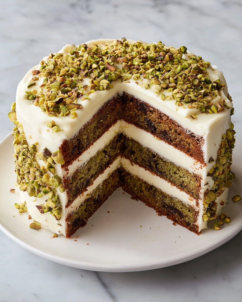 The image shows a three-layer green pistachio cake with light creamy white frosting between each layer and around the outside. The outside of the cake and top are covered with roughly chopped green pistachio nuts. The cake has a moist texture with a gentle green color, and the frosting is smooth and thick. The cake sits on a round white plate placed on a white marbled surface. A large section of the cake is cut out, showing the clean layers inside. photo taken with an iphone --ar 4:5 --v 7