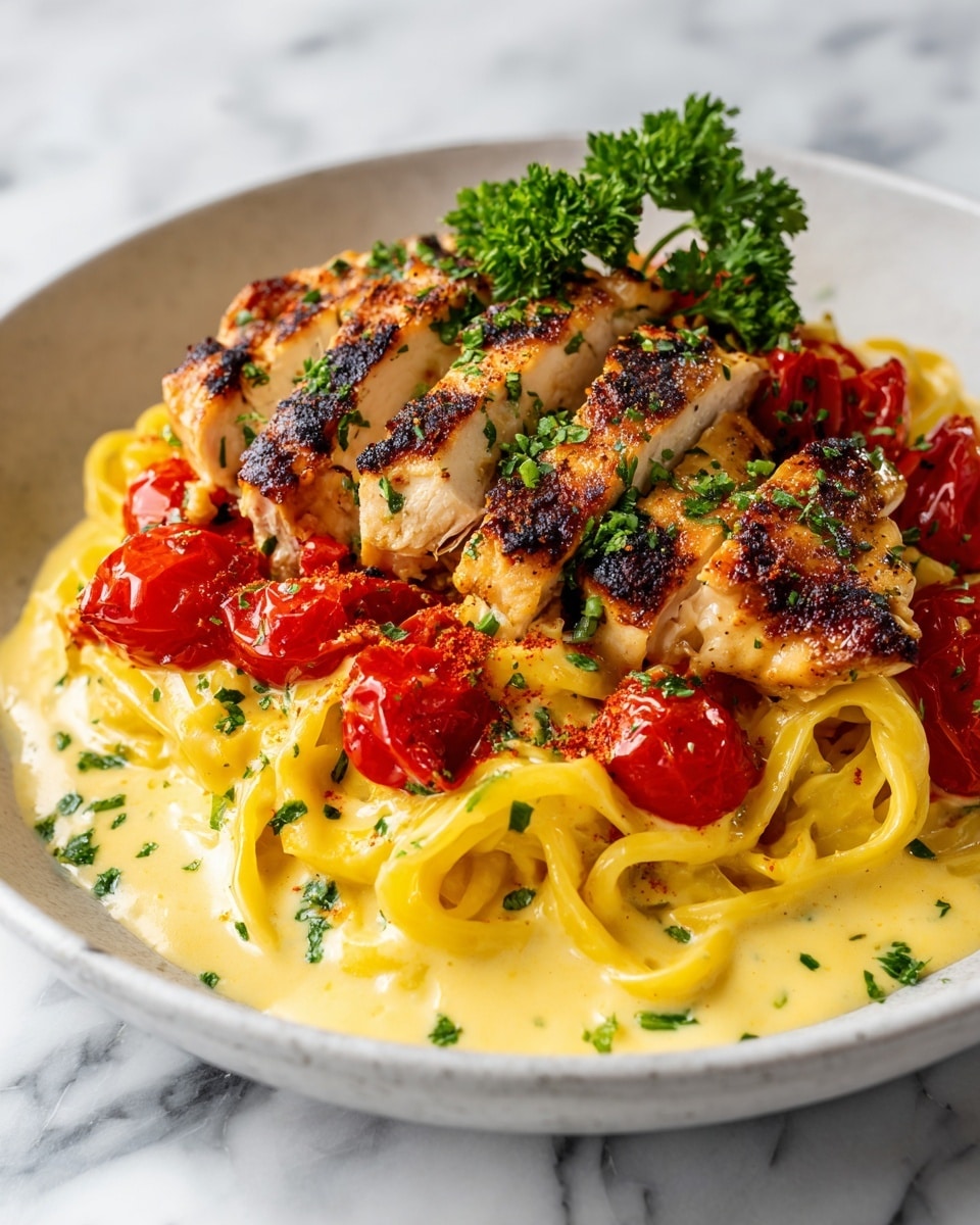 The dish shows a white plate filled with three main layers: the bottom layer is yellow pasta with a smooth, creamy texture mixed evenly throughout; above this, bright red roasted cherry tomatoes are scattered, contrasting with the pasta; on top, grilled chicken pieces with a slightly charred golden brown surface are arranged, sprinkled with finely chopped green herbs and garnished with a small bunch of fresh parsley at the back. The white marbled surface underneath adds a clean, simple backdrop. Photo taken with an iphone --ar 4:5 --v 7