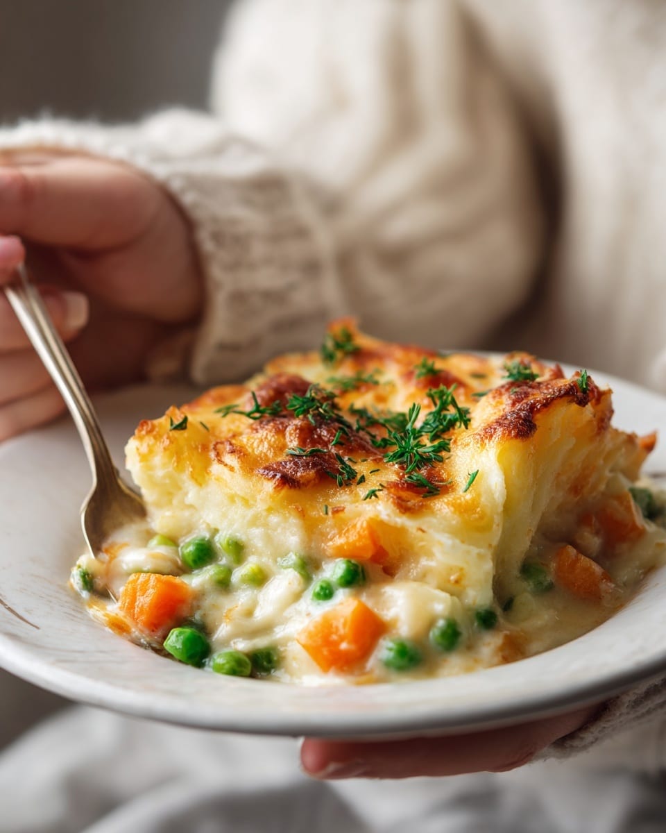 The image shows a creamy chicken pot pie slice on a white plate, with the crust on top golden brown and flaky. The top layer is a smooth, browned pastry, showing a slight crisp texture. Beneath the crust, there is a thick white creamy sauce mixed with peas, orange carrot cubes, and tender light brown chicken pieces. The sauce looks rich and glossy, spreading slightly onto the plate. A fork rests on the left side of the slice, and the background is a white marbled texture. Photo taken with an iphone --ar 4:5 --v 7