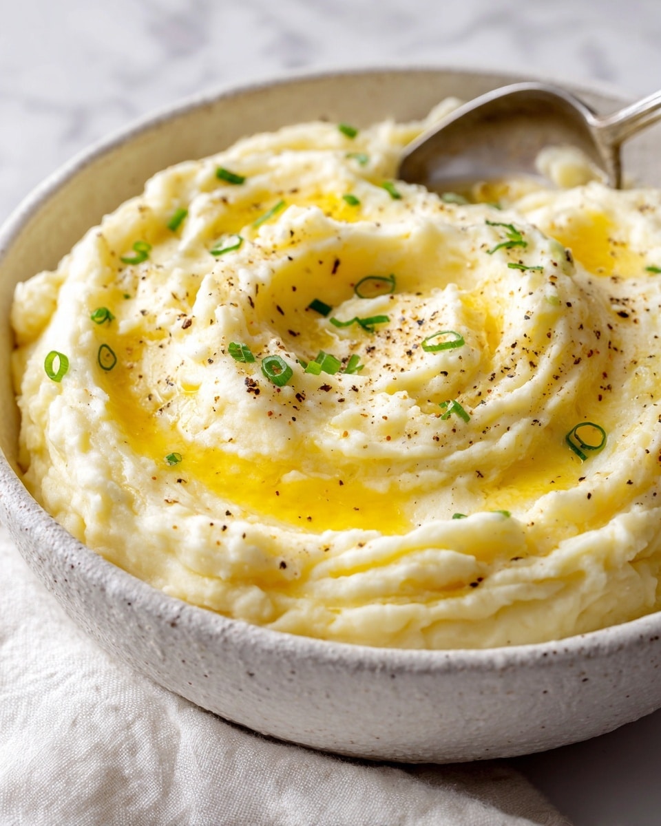 A large bowl filled with creamy mashed potatoes that have a smooth, soft texture with gentle swirls on the surface, showing melted butter pooled in small golden-yellow patches near the center. The mashed potatoes are lightly sprinkled with small, bright green chopped chives and coarse black pepper scattered over the top. A vintage silver spoon rests on the left side, partially submerged in the mashed potatoes, which are off-white in color with a slightly buttery shine. The bowl is placed on a white marbled surface, and a white cloth napkin is visible on the left side. photo taken with an iphone --ar 4:5 --v 7