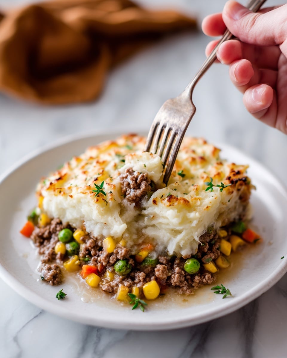 A close-up of a white plate with a serving of shepherd's pie showing two visible layers: the bottom layer is a mix of cooked ground meat and peas, carrots, and corn in a brownish sauce, while the top layer is creamy mashed potatoes with a slightly golden, soft texture and small green leaves sprinkled on top. A silver fork rests on the left edge of the plate, partially under the food, and a woman's hand holds the fork near it. The background is blurred with warm tones, and the surface under the plate is a white marbled texture. Photo taken with an iphone --ar 4:5 --v 7