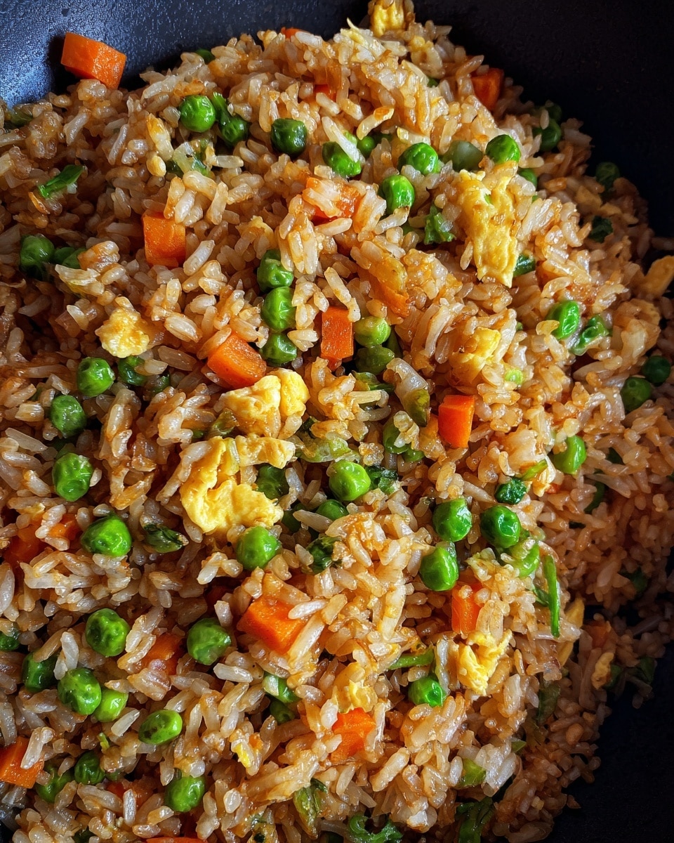 A close-up view of fried rice in a dark cooking pan showing one main layer of light brown rice mixed with small bright green peas, small orange carrot cubes, and scattered yellow scrambled egg pieces; the rice grains look soft and slightly shiny. The pan edges are visible with a metallic rim, sitting on a white marbled surface. photo taken with an iphone --ar 4:5 --v 7