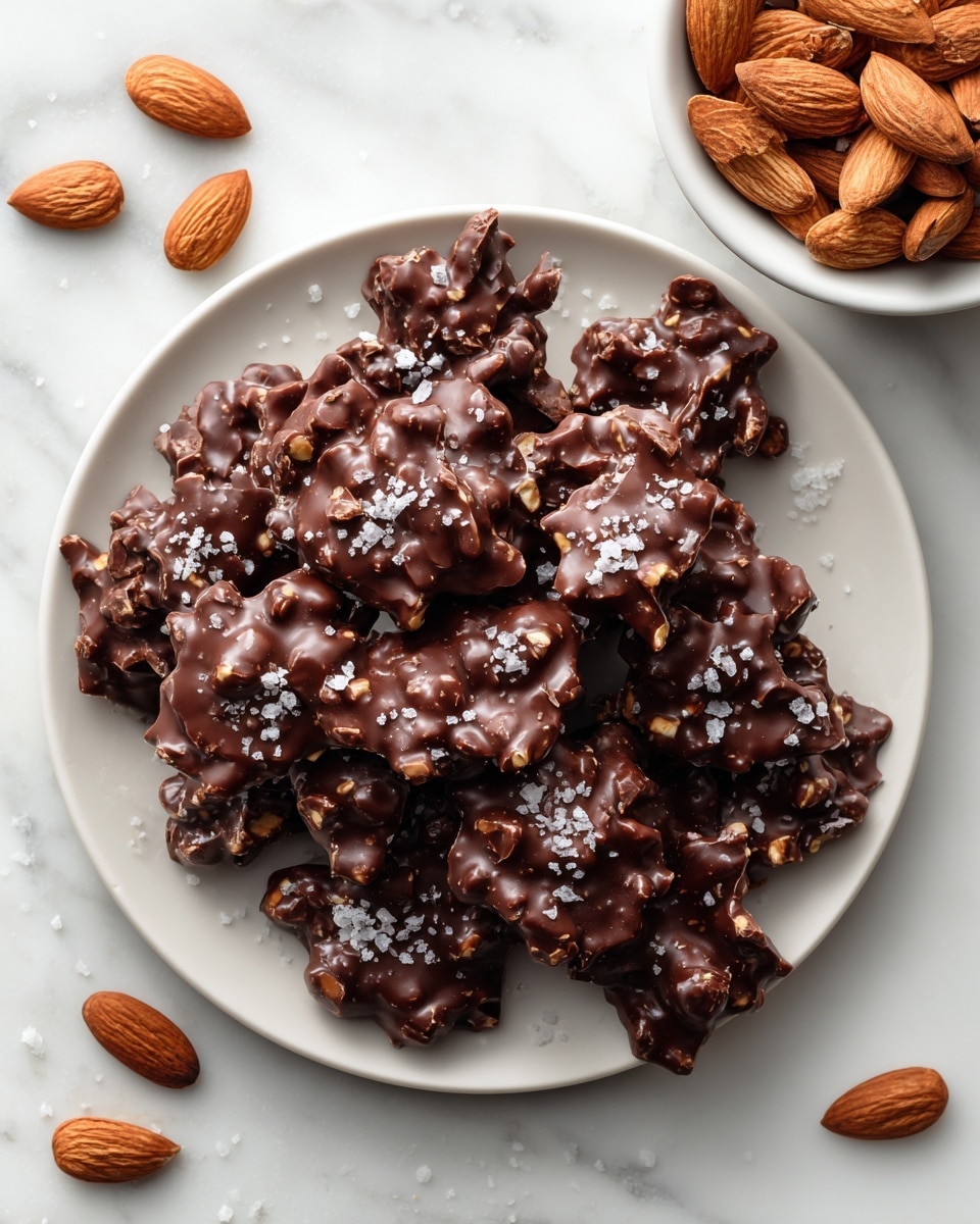 A white round plate filled with clusters of dark chocolate coated nuts, each cluster rough textured with visible chunks of almonds peeking through the glossy chocolate. The top of the clusters is sprinkled with coarse white sea salt, adding a bright contrast against the dark brown chocolate. The plate sits on a white marbled surface with a bowl of almonds and more almonds scattered around the edges, giving a simple and clean look. photo taken with an iphone --ar 4:5 --v 7