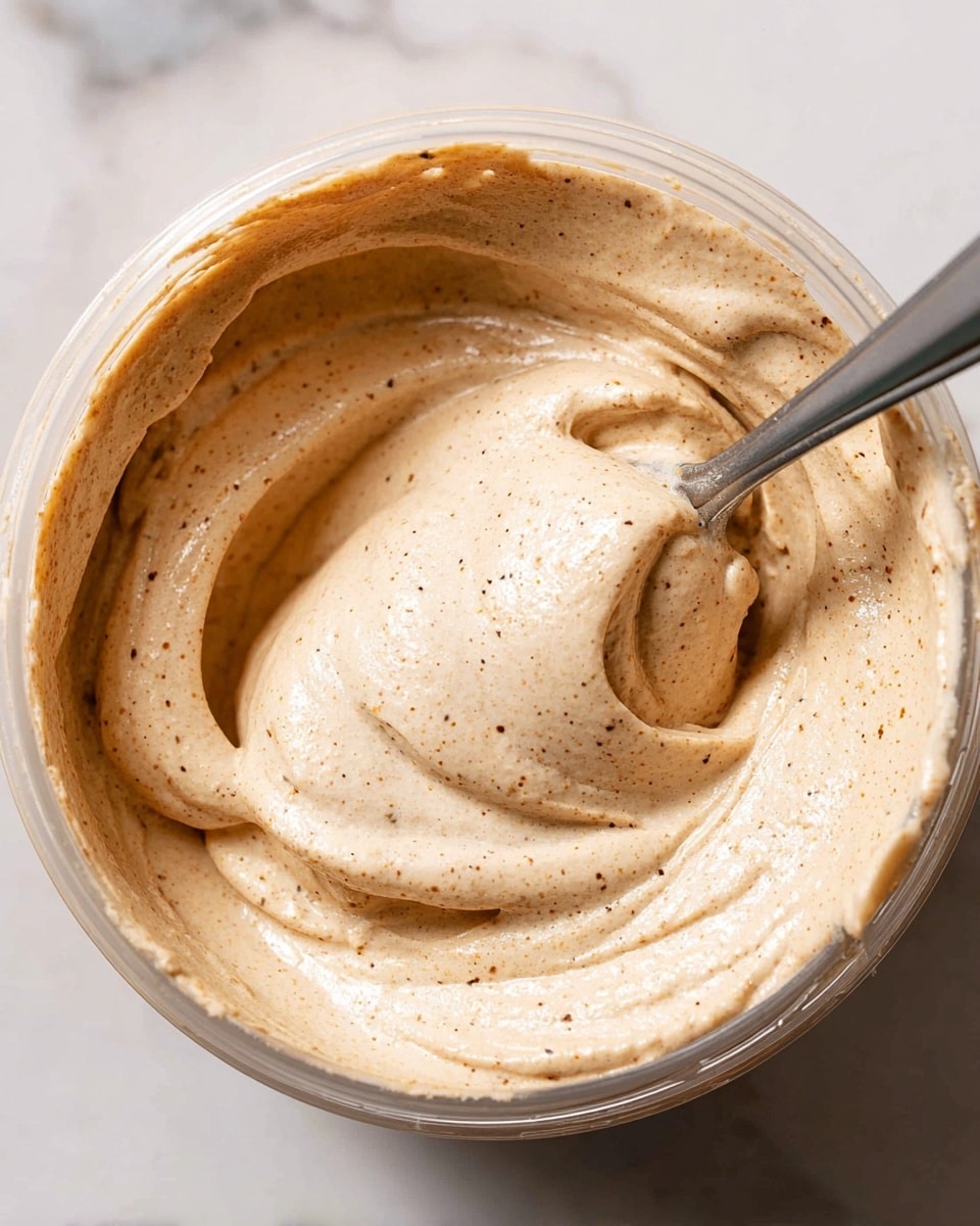 A close-up top view of a clear plastic container filled with light tan creamy spread that has tiny dark specks throughout, giving it a slightly grainy texture. The smooth spread is thick and swirled, with a spoon inserted into it on the right side, revealing its dense, whipped consistency. The background is a white marbled surface. photo taken with an iphone --ar 4:5 --v 7