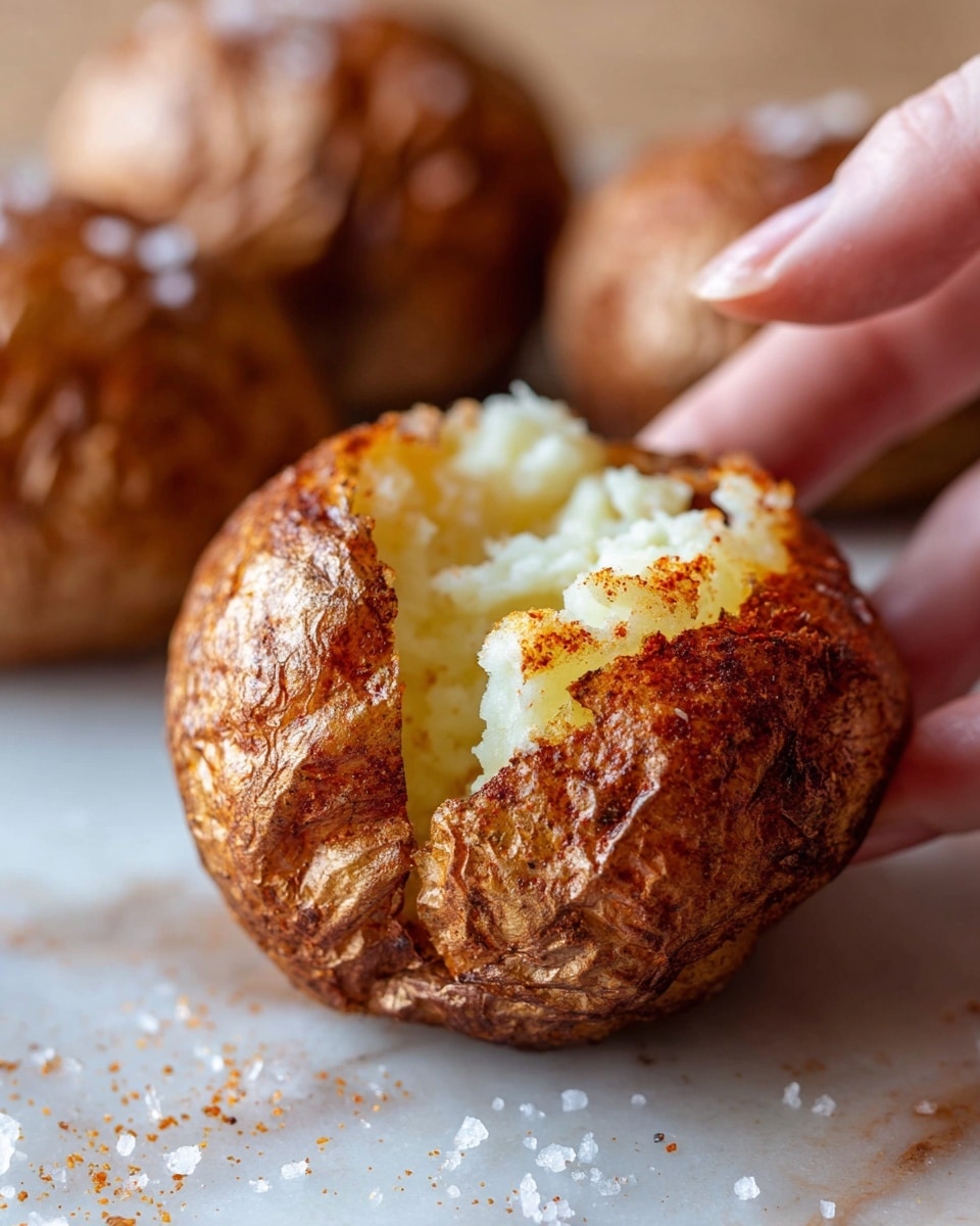 The image shows a close-up of a baked potato with a crispy, brown skin that has a slightly reddish seasoning on it, broken open to reveal soft, white, and fluffy potato inside with a coarse texture, held gently by a woman's hand on the side. The potato rests on a crinkled brown paper surface with coarse salt crystals scattered around it. In the background, there are blurred baked potatoes with the same browned, textured skins. The whole scene is set on a white marbled texture surface. photo taken with an iphone --ar 4:5 --v 7