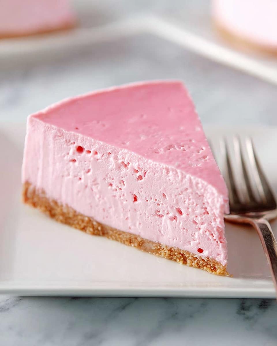 A single slice of pink cheesecake sits on a white square plate, showing two distinct layers; the bottom layer is a thin, crumbly brown crust, and the top thick layer is a smooth, creamy pink cheesecake with a few small air pockets. The slice has clean edges, and a silver fork is placed diagonally next to it on the right side of the plate, all set against a white marbled texture. photo taken with an iphone --ar 4:5 --v 7