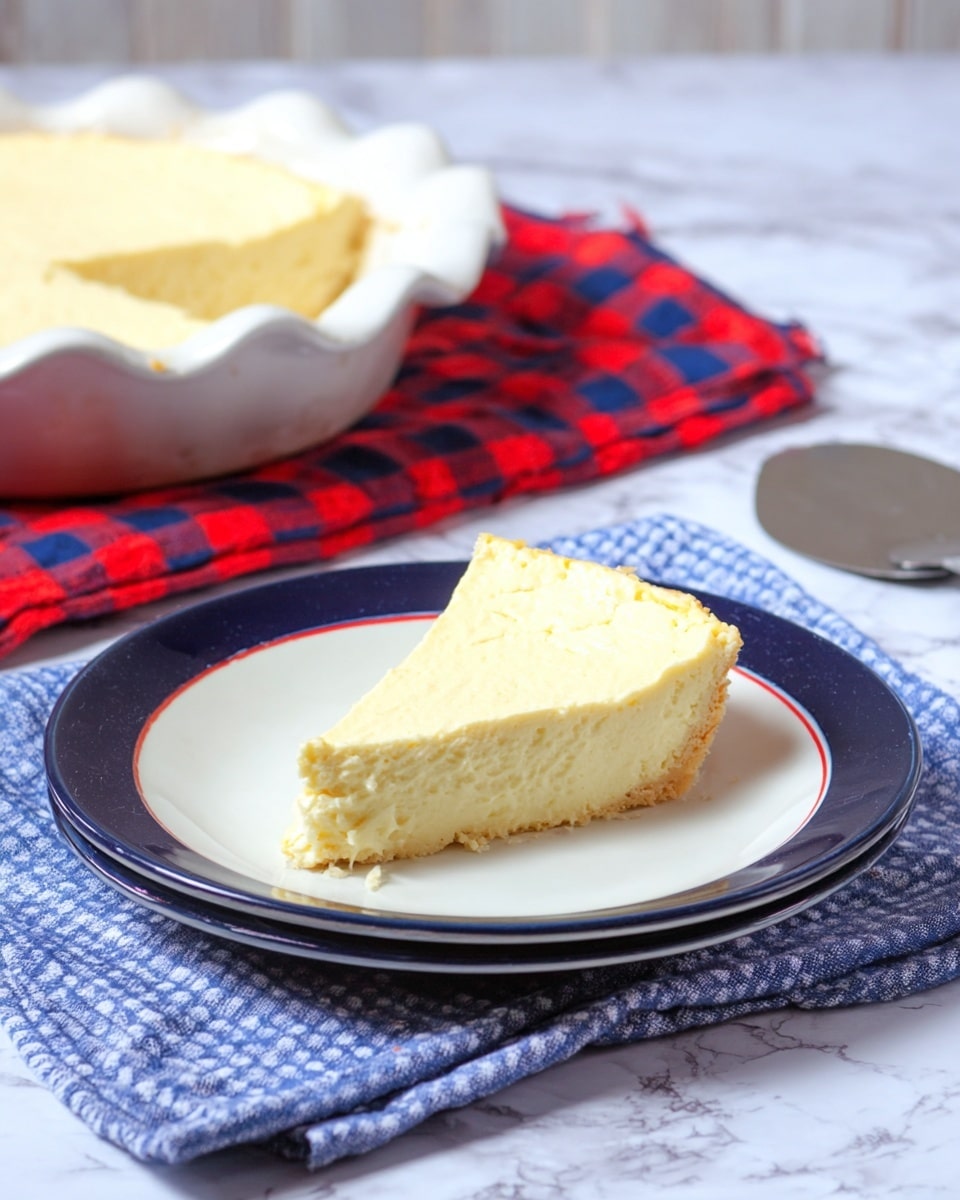 A slice of pale yellow cheesecake with a smooth, creamy texture and a slightly uneven surface sits centered on a white plate with a dark blue rim, which is placed on a folded blue and white checkered cloth. In the background, the remaining cheesecake is partly visible in a white pie dish with scalloped edges, resting on a red and blue checkered cloth. The scene is set on a white marbled surface with a silver pie server nearby. photo taken with an iphone --ar 4:5 --v 7