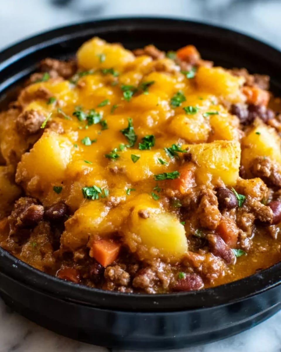 The image shows a close-up of a bowl filled with a layered dish. The bottom layer contains ground beef mixed with beans and small pieces of orange-red vegetables, creating a rich brown and earthy red base. On top, there are soft yellow potato chunks spread evenly across the dish. A layer of melted golden cheese covers the potatoes, with small bits of fresh green herbs sprinkled on top. The bowl is white, and the background is a white marbled texture. The photo taken with an iphone --ar 4:5 --v 7