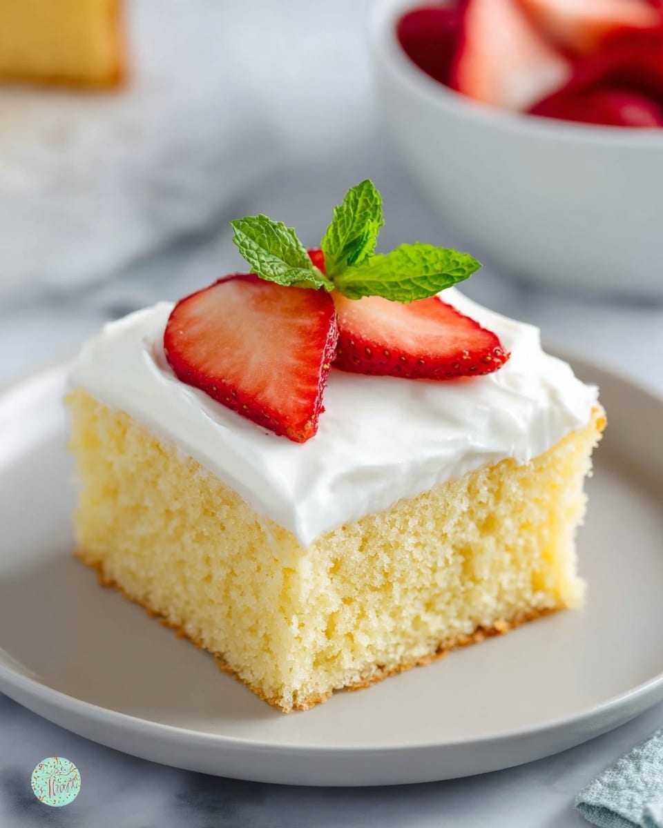 A single square piece of light yellow sponge cake with a soft and moist texture is topped with a thick, smooth layer of white whipped cream. On top of the whipped cream are three thin, bright red strawberry slices arranged neatly, accompanied by a small fresh green mint leaf on one side. The cake sits on a white round plate against a white marbled texture background. Photo taken with an iphone --ar 4:5 --v 7