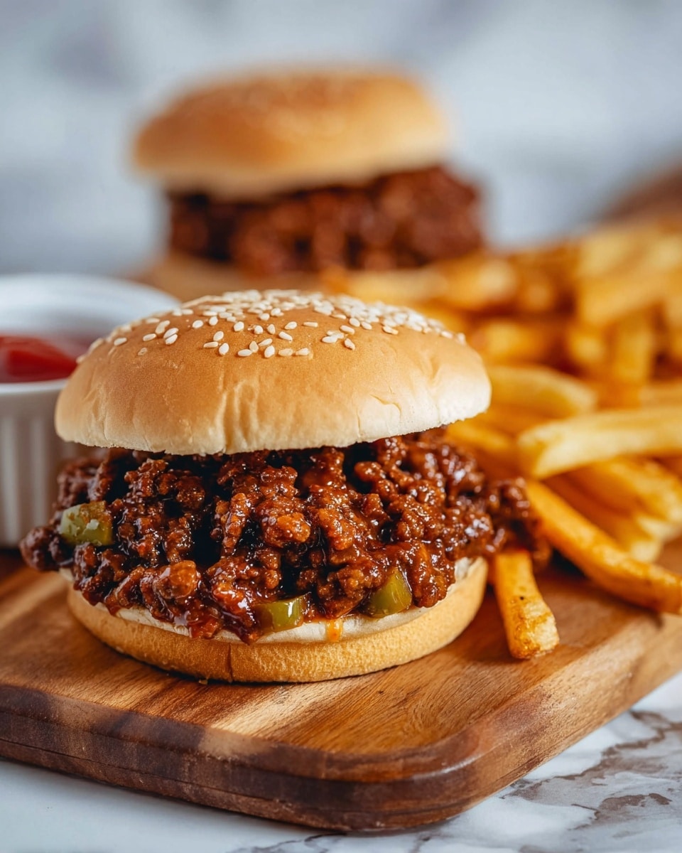 A close-up of a sloppy joe sandwich on a white sesame seed bun, with a thick, chunky layer of saucy ground beef mixed with small bits of green pepper in the middle, sitting on a wooden board; behind the sandwich, there is a blurred second sloppy joe and golden fries stacked, along with a small white cup filled with red ketchup; the background has a soft white marbled texture. photo taken with an iphone --ar 4:5 --v 7