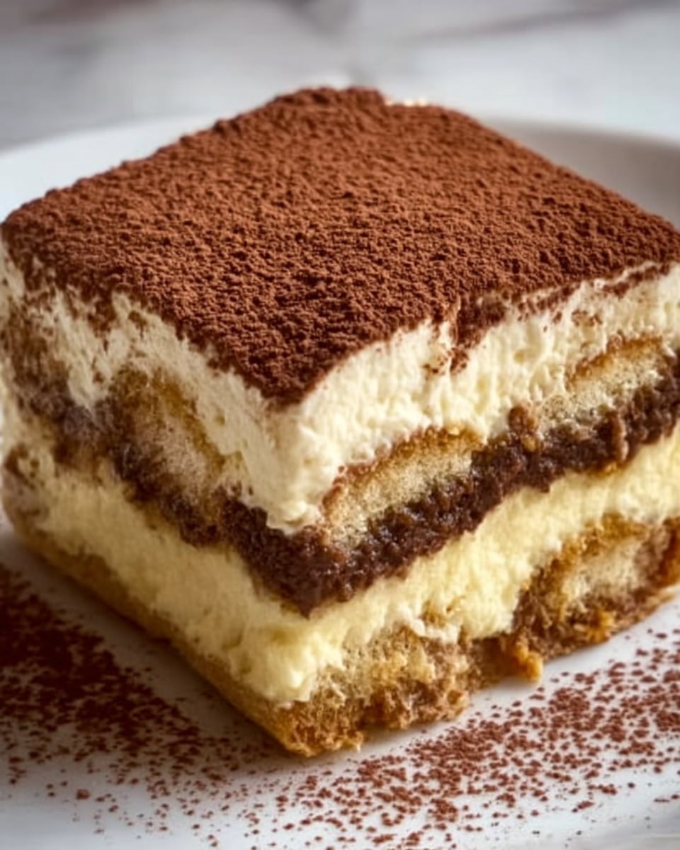 The image shows a close-up of a slice of tiramisu on a white plate, with a white marbled surface beneath. The dessert has three visible layers: the bottom and middle layers consist of light yellow creamy mascarpone filling, soft and smooth in texture; between them is a layer of soaked ladyfinger biscuits that are brown and moist, soaked with coffee. The top layer is a thick dusting of dark brown cocoa powder evenly spread over the creamy filling. Some cocoa powder is also sprinkled lightly around the plate's edge. The slice is cut cleanly, showing the clear separation of each layer. Photo taken with an iphone --ar 4:5 --v 7