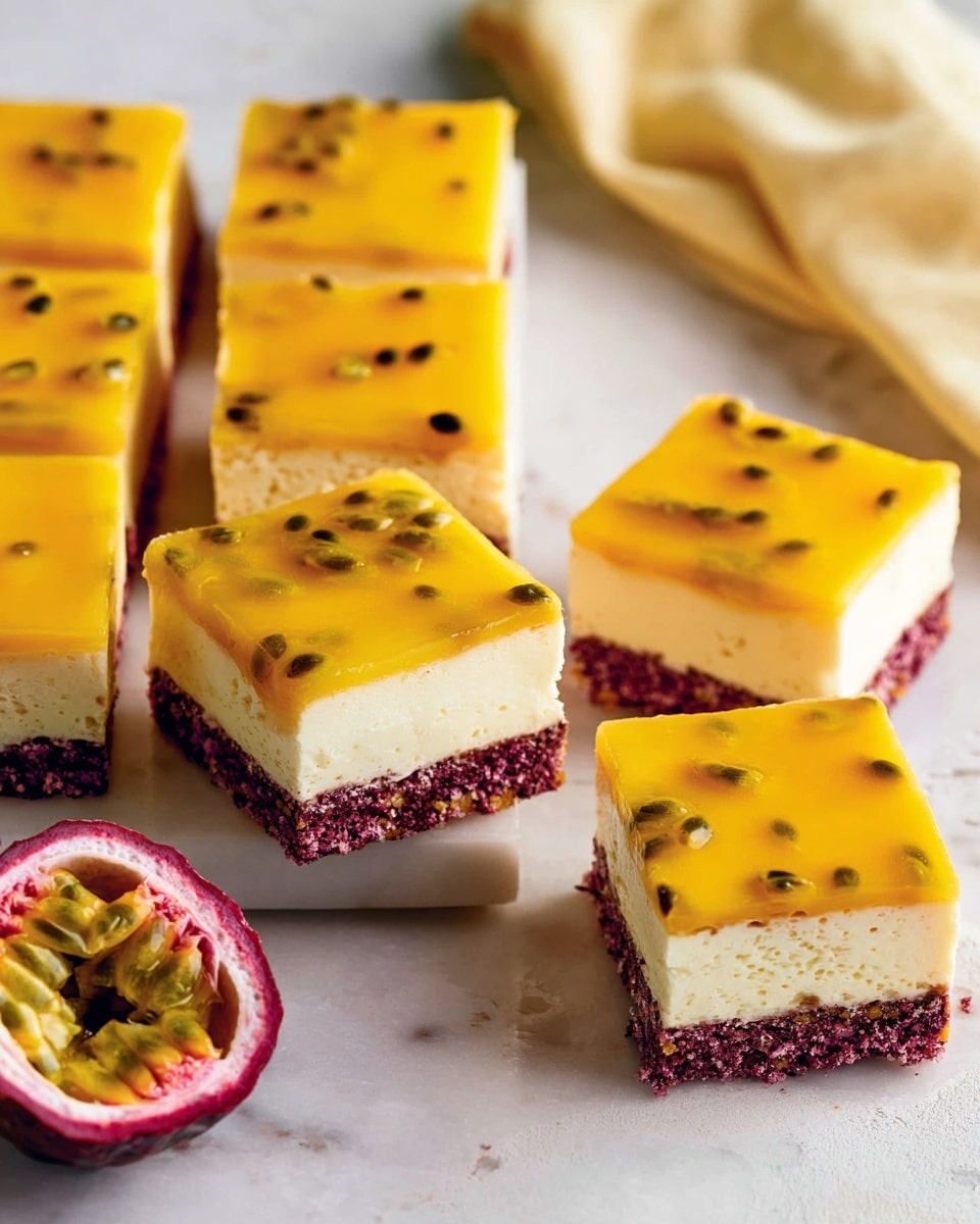 The image shows several square dessert bars arranged on a white marbled surface, each bar having three clear layers: the bottom layer is a dark red, nutty crust with a textured, crumbly look; the middle layer is a thick, smooth, pale cream filling; the top layer is a bright yellow passion fruit glaze with small black seeds scattered throughout, giving a shiny and slightly uneven surface. Two bars are turned on their sides, exposing the layers, while the others are flat, showing the glossy top. A halved passion fruit with its bright purple shell and yellow seeded interior sits near the top right corner beside a white bowl with more yellow glaze visible. photo taken with an iphone --ar 4:5 --v 7