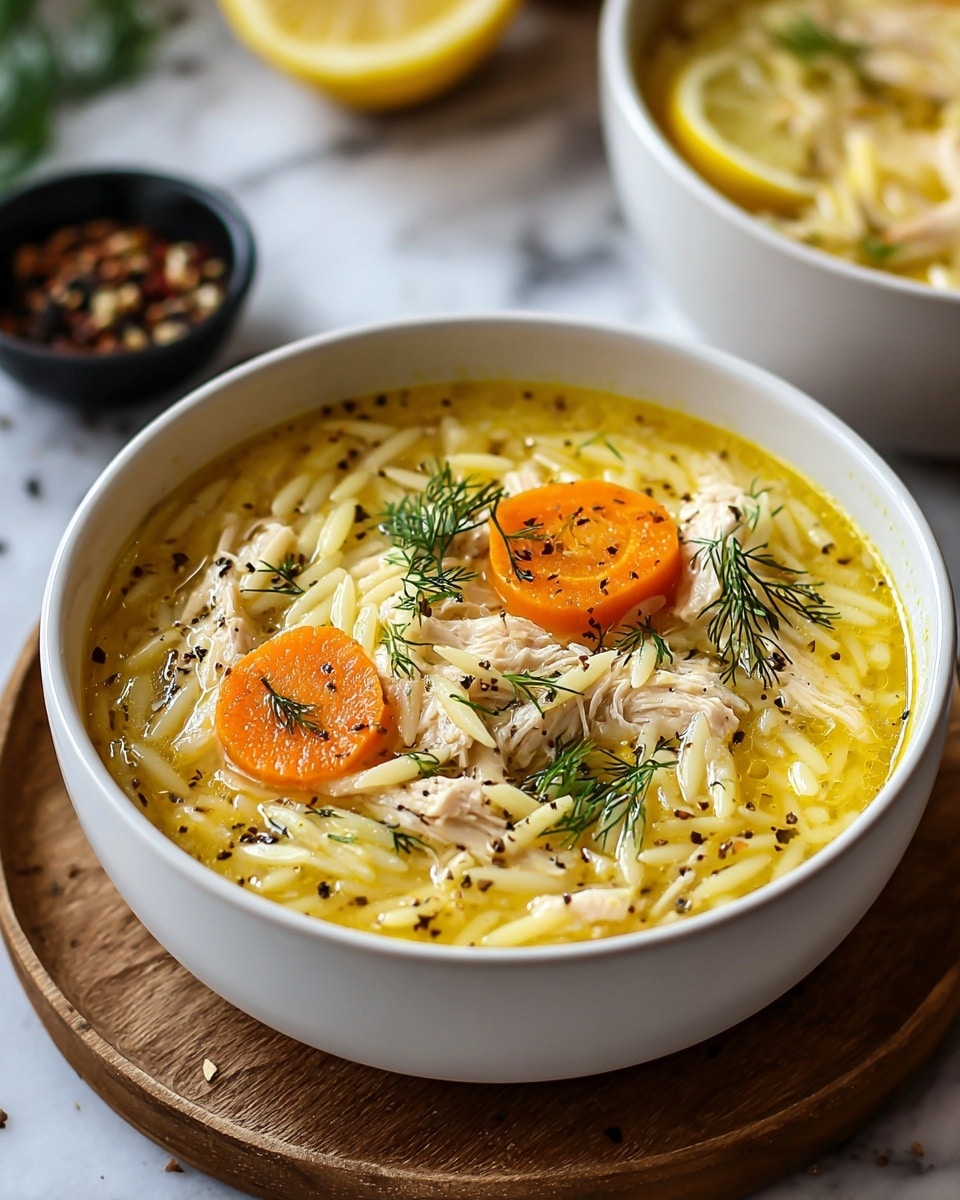 A white bowl filled with chicken noodle soup sits on a round wooden board, placed on a white marbled surface. The soup has a light yellow broth with visible thin orzo or small pasta noodles evenly spread throughout. There are two bright orange carrot slices near the top surface of the soup along with some small chunks of tender white chicken. A lemon wedge is partially submerged in the broth behind the other ingredients. Fresh dill sprigs sit in the center on top of the soup, along with a light sprinkling of cracked black pepper for texture. In the blurred background, another white bowl with soup and a small black dish with pepper are partially visible. photo taken with an iphone --ar 4:5 --v 7