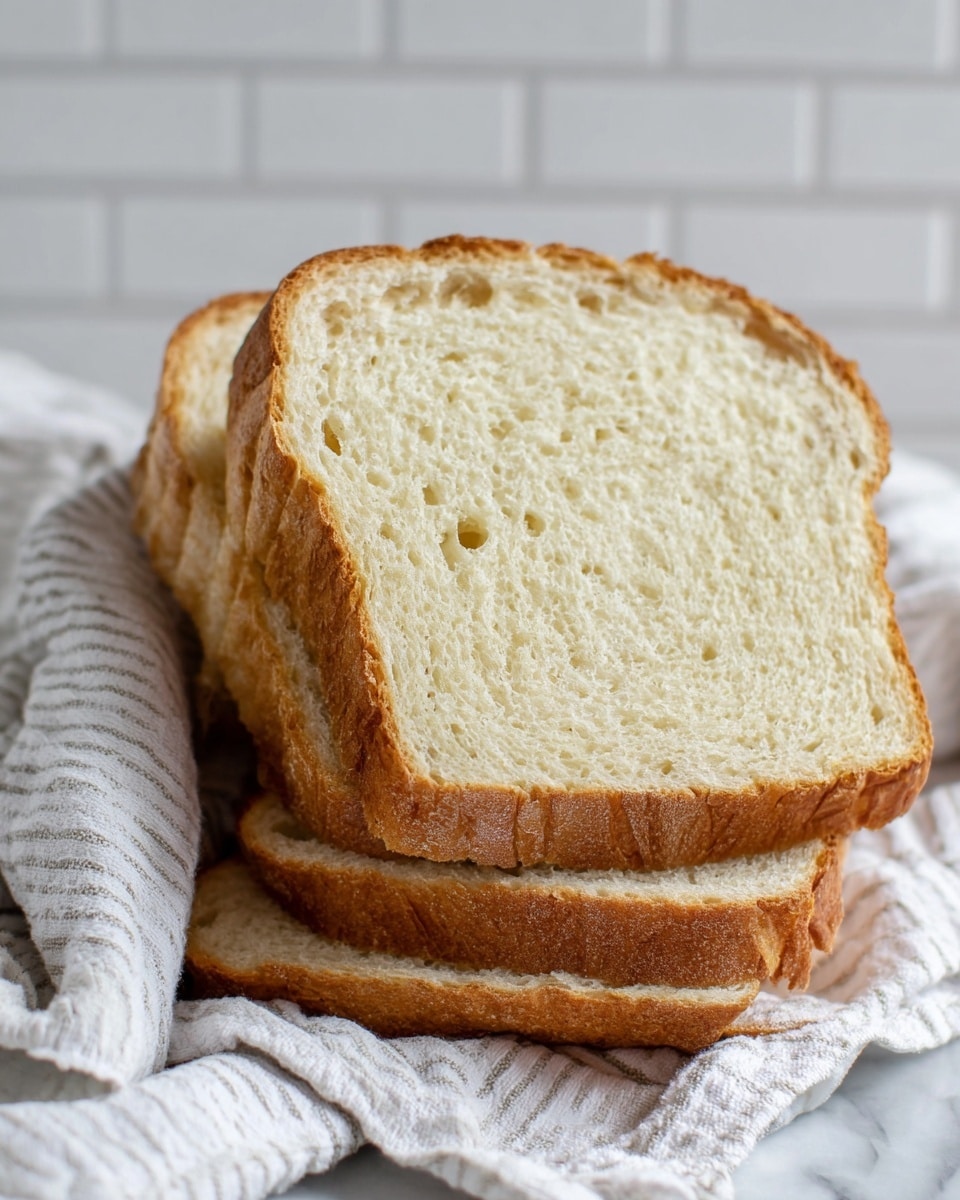 Four thick slices of soft bread are stacked slightly leaning against each other on a white cloth with a light gray striped pattern, all placed on a basket. The bread has a light golden-brown crust with a soft, pale creamy inside showing small, even air pockets. The background is a white marbled texture with subtle light gray veins. photo taken with an iphone --ar 4:5 --v 7