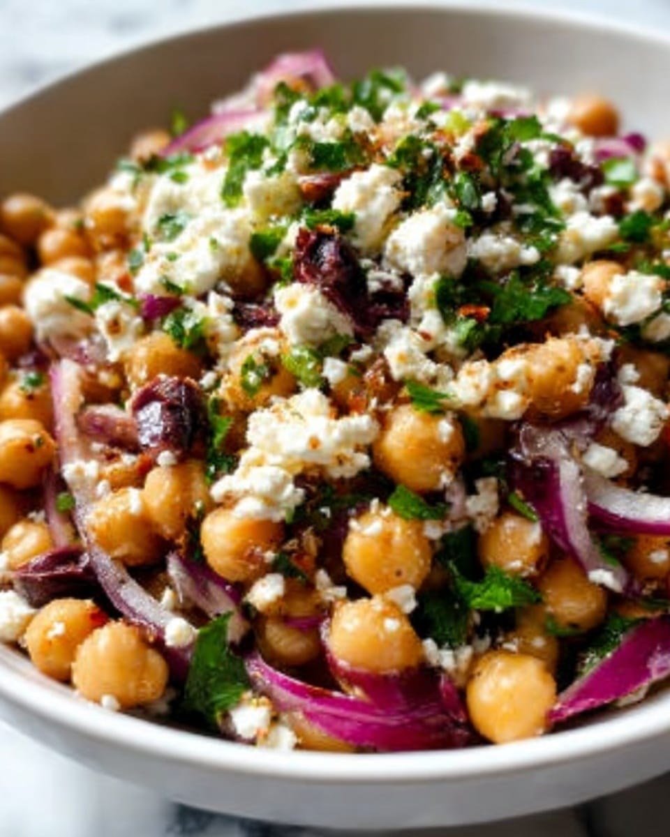 A white bowl filled with a chickpea salad composed of golden round chickpeas, sliced red onions with a translucent purple color, and dark purple olives. The top layer is sprinkled with crumbled white cheese and finely chopped green herbs. The ingredients have a fresh look with a slightly oily shine. The bowl is placed on a white marbled surface. photo taken with an iphone --ar 4:5 --v 7