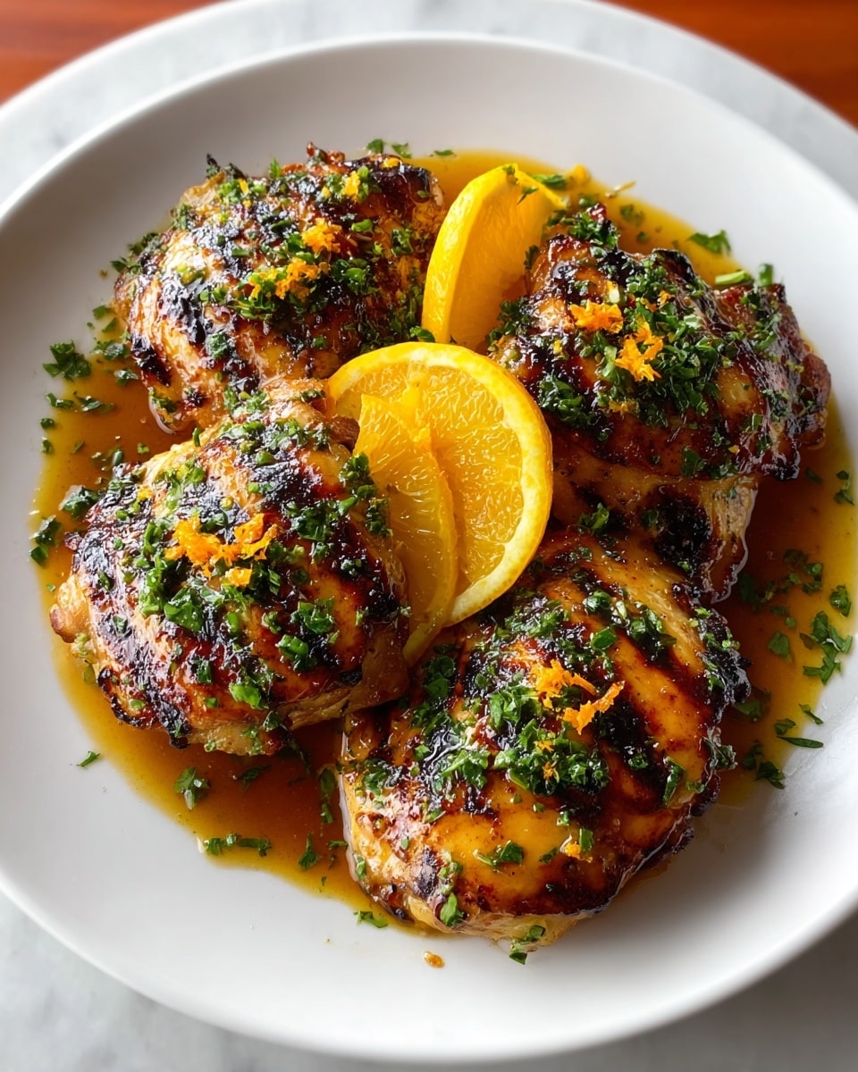 The image shows four grilled chicken thighs placed closely together on a white plate, each with a golden-brown charred surface and juicy texture. They are topped with finely chopped green herbs and orange zest adding pops of color to the dark grill marks. Around and under the chicken, there is a light golden sauce pooling softly on the plate. Between the pieces, bright orange slices stand upright, adding a vibrant contrast and freshness to the dish. The plate is set against a white marbled surface, enhancing the visual warmth of the meal. photo taken with an iphone --ar 4:5 --v 7