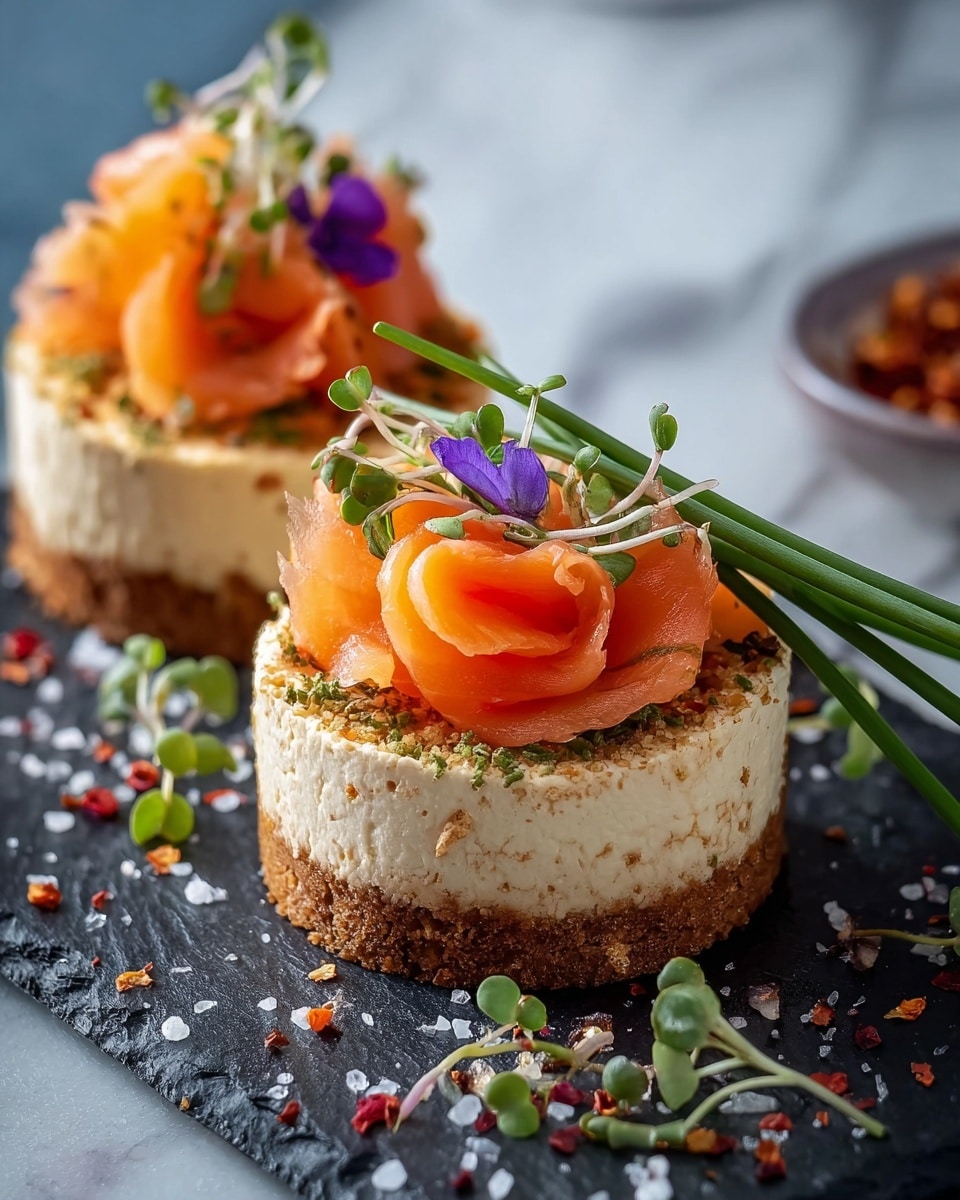 Two small round cakes are shown, each with two layers on a dark textured stone plate. The bottom layer is brown and crumbly, like a biscuit crust. The top layer is thick, creamy, and light beige with a smooth texture. On top, there are thin slices of bright orange smoked salmon arranged in soft curls. Green herbs and microgreens, including dill and small leafy sprouts, are sprinkled over the salmon along with tiny purple edible flowers. Coarse salt and crushed red pepper flakes are scattered around the cakes on the dark stone plate. The background is a white marbled texture. photo taken with an iphone --ar 4:5 --v 7