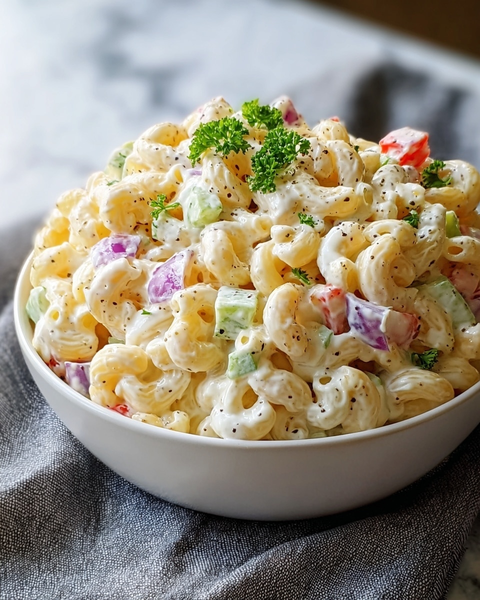 A close-up view of a bowl filled with creamy macaroni salad is shown. The salad has three main layers visible: the macaroni pasta, which is pale yellow and curved, forming the base and most of the volume; a thick, white creamy dressing coating each piece with specks of black pepper; and small chunks of colorful vegetables scattered throughout, including bright red bell peppers, light green celery, and thin slices of purple onion. There are also small green parsley leaves on top, adding a fresh pop of color. The bowl is white and sitting on a white marbled surface, with a gray cloth partially visible underneath. photo taken with an iphone --ar 4:5 --v 7