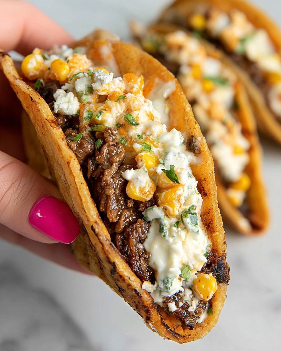 A close-up image of a small taco held by a woman's hand with bright pink nail polish. The taco has one thick layer of a grilled, dark brown beef patty with a crispy texture on the top side, inside a soft light brown tortilla shell with charred spots. On top of the beef, there is a creamy white sauce mixed with small bright yellow corn kernels and orange cubes of cheese sprinkled with white crumbles and finely chopped green herbs. In the blurred background, there are other similar tacos resting on a white marbled surface. photo taken with an iphone --ar 4:5 --v 7