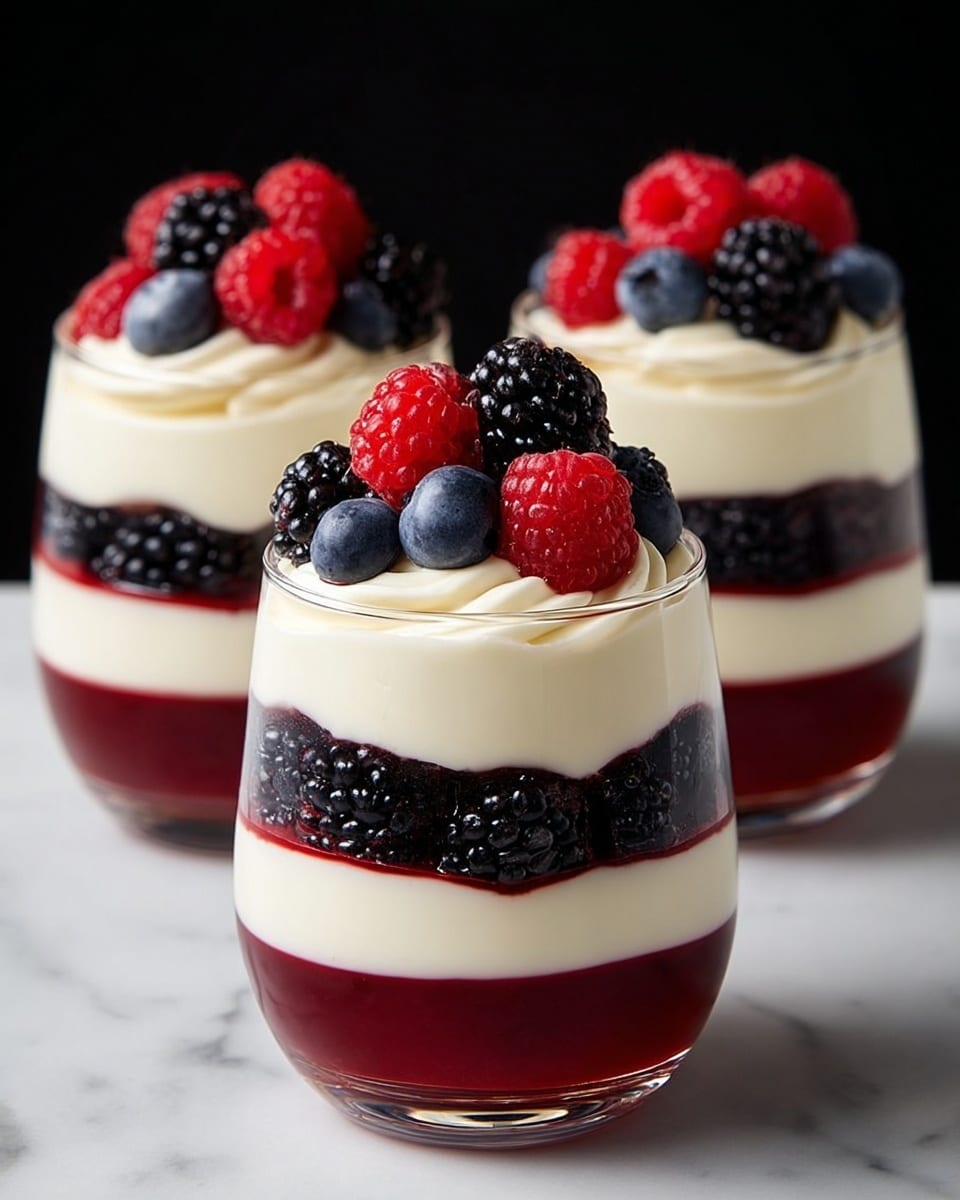 Three clear glasses are filled with four visible layers. The bottom layer is a deep red jelly-like substance that fills about one-third of the glass. Above it is a white creamy layer that is smooth and thick. Next is a layer of blackberries packed tightly together. On top of the blackberries, there is another white creamy layer with a wavy texture. The glasses are topped with a mix of fresh red raspberries, black blackberries, and blue blueberries arranged in a small pile. The glasses sit on a white marbled surface with a plain dark background. photo taken with an iphone --ar 4:5 --v 7