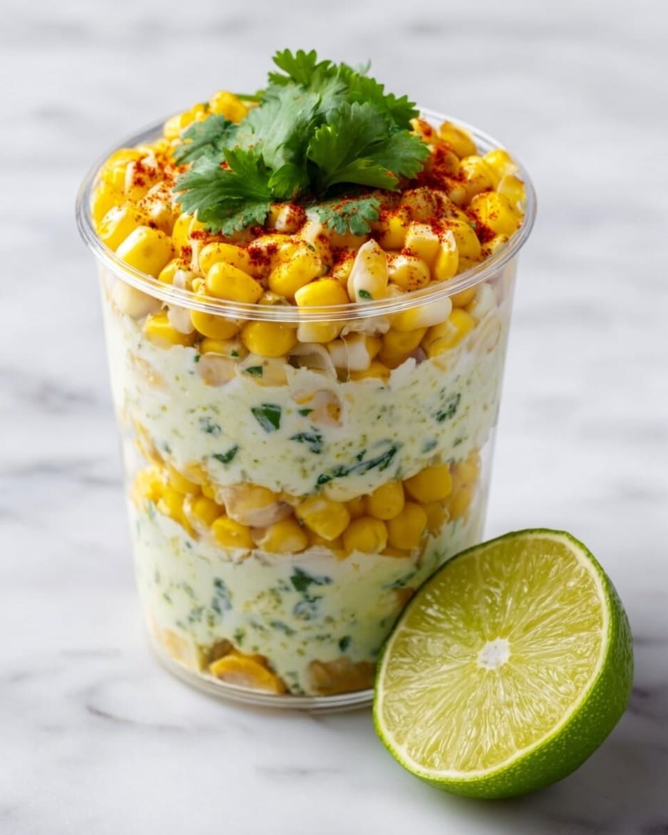 The image shows a clear cup filled with six layers of food. The top layer is yellow corn with a sprinkle of red spice and green cilantro leaves on top. Below this, there is a white creamy layer mixed with green herbs. Underneath is another yellow corn layer, followed by another white creamy layer with visible green herbs. The bottom layer is yellow corn again. The cup sits next to half of a green lime, all placed on a white marbled surface. photo taken with an iphone --ar 4:5 --v 7