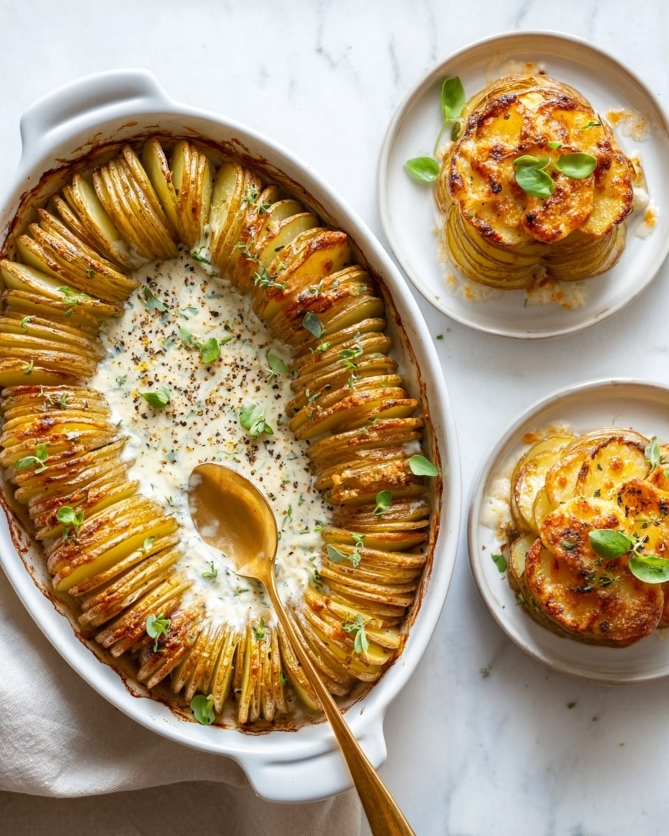 The image shows a white oval baking dish filled with golden brown layered potato stacks arranged in a neat oval shape inside, topped with small green herbs. The potato slices are thin and slightly crisp at the edges, showing a mix of yellow and light brown colors. Inside the center of the oval, there is a creamy sauce scattered with cracked black pepper. Two small white round plates each hold a smaller portion of the same layered potato stacks, golden on top with green herbs as garnish. A woman's hand holds a gold fork resting on the edge of the baking dish. The setting is on a white marbled surface with a white cloth partly under the baking dish. Photo taken with an iphone --ar 4:5 --v 7