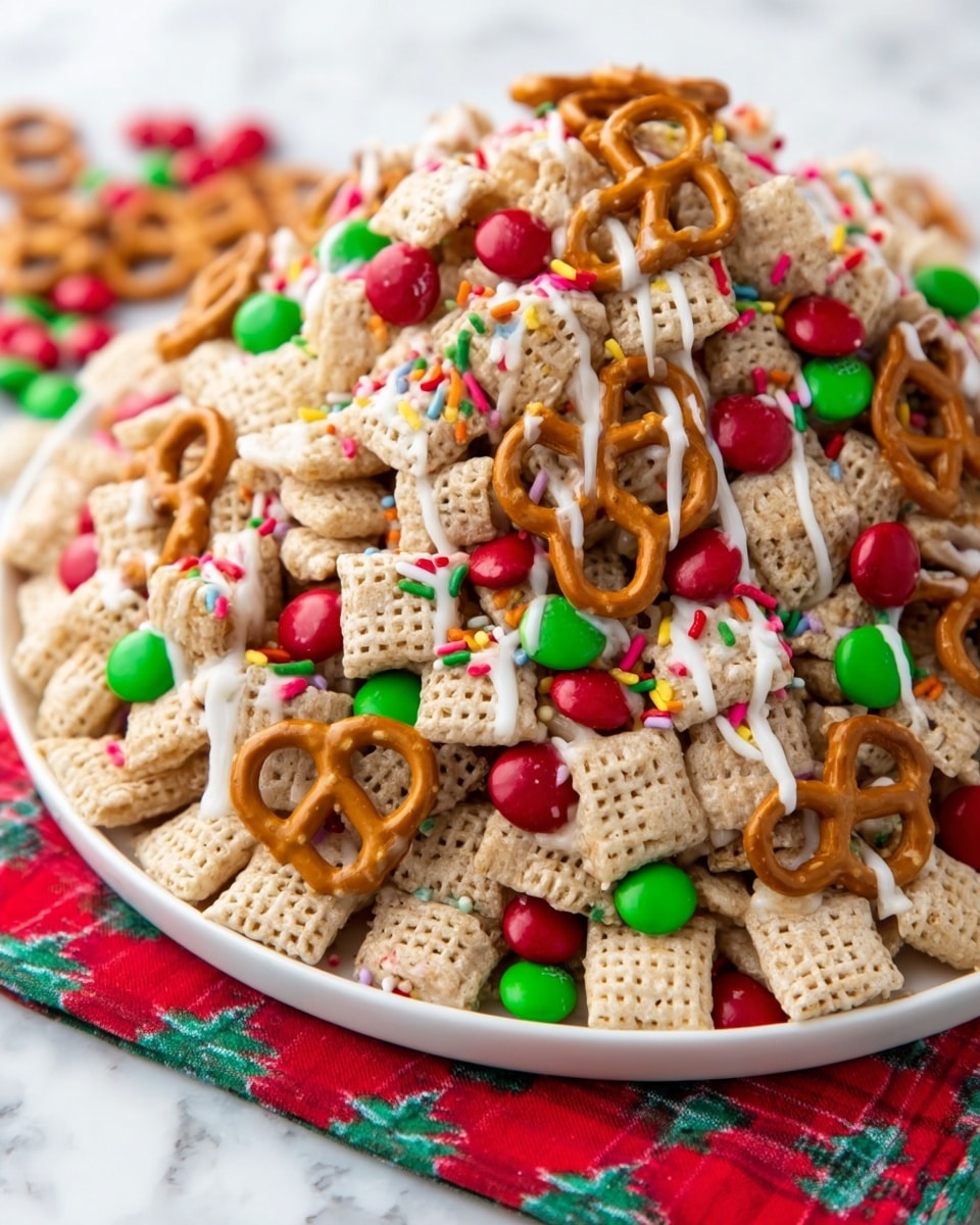A white plate full of a snack mix with light brown square cereal pieces forming the base layer, topped with multiple small pretzels scattered around. Bright red and green candy-coated chocolates are spread throughout the mix, along with colorful rainbow sprinkles adding texture and variety. The whole snack mix is drizzled with white icing in thin lines, adding a shiny and slightly glossy layer on top. The plate sits on a white marbled surface. Photo taken with an iphone --ar 4:5 --v 7