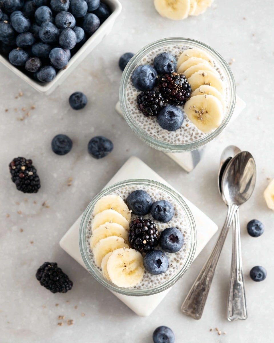 Two glass jars filled with three visible layers of white chia pudding speckled with tiny chia seeds form the base layer. On top, each jar is decorated with a slice of light yellow banana, several plump blue blueberries, and one dark purple blackberry, all arranged closely together. The jars are placed on a white marbled surface, one sitting on a white square coaster. Around the jars are scattered loose blueberries, blackberries, and banana slices. There is a white dish filled with blueberries in the corner, and two silver spoons lay diagonally near the bottom left. The whole setting is bright and clean. photo taken with an iphone --ar 4:5 --v 7