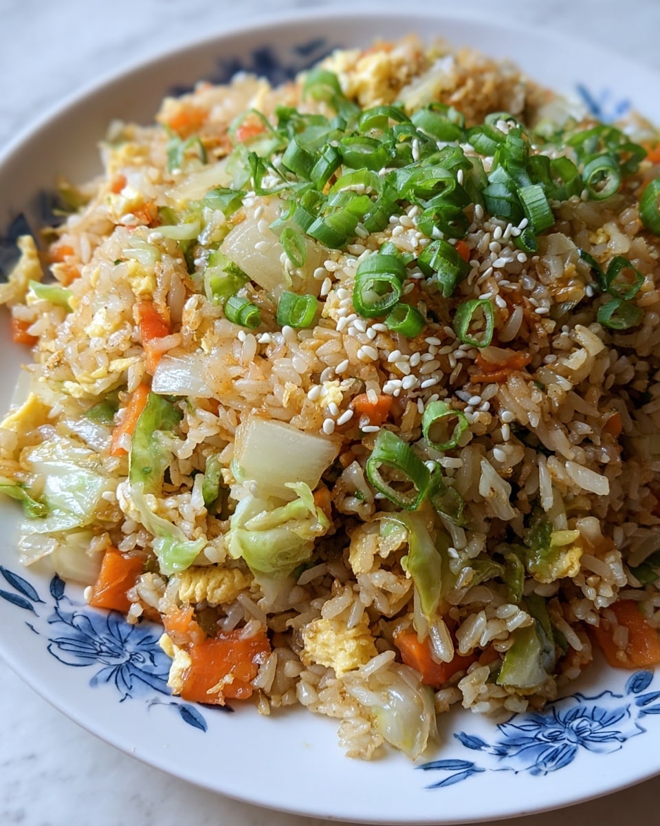 A white plate with a blue floral pattern is filled with a colorful mound of fried rice. The dish has a base layer of light brown, cooked rice mixed with small pieces of scrambled yellow egg. Interspersed in the rice are chopped bright orange carrot slices and pale green, leafy cabbage pieces. Scattered over the top are small green onion slices and white sesame seeds, adding texture and contrast. The rice mixture appears moist and lightly glossy, with all ingredients evenly spread throughout the dish. The plate sits on a white marbled surface. photo taken with an iphone --ar 4:5 --v 7