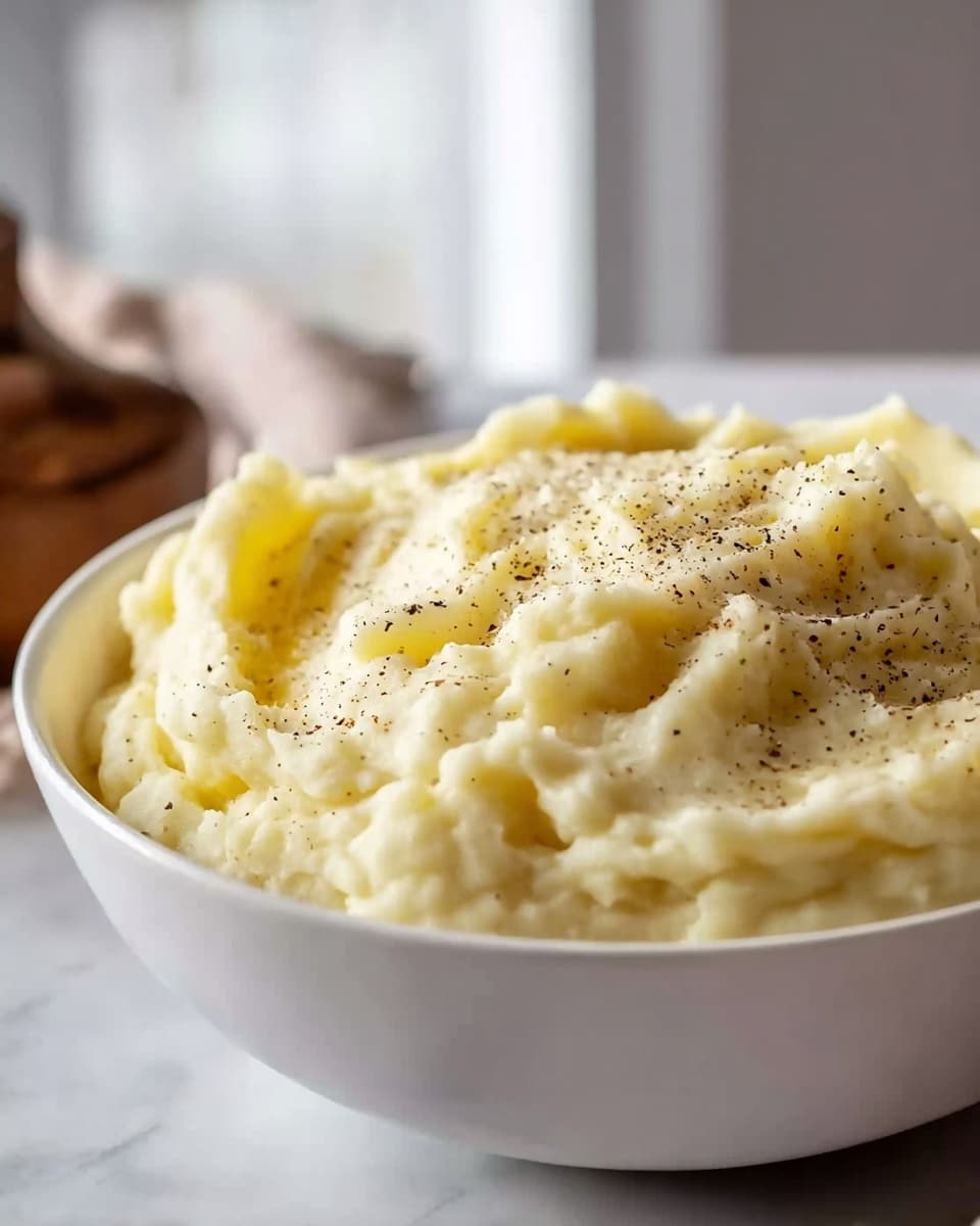 A close-up view of a white bowl filled with creamy mashed potatoes that have a smooth and fluffy texture. The mashed potatoes are pale yellow with small lumps visible, giving a natural, homemade look. There are some black pepper flakes sprinkled on top, adding tiny dark spots and a bit of contrast. The bowl sits on a white marbled surface, and the background is softly blurred with warm kitchen tones. The lighting highlights the softness and moisture of the mashed potatoes. photo taken with an iphone --ar 4:5 --v 7