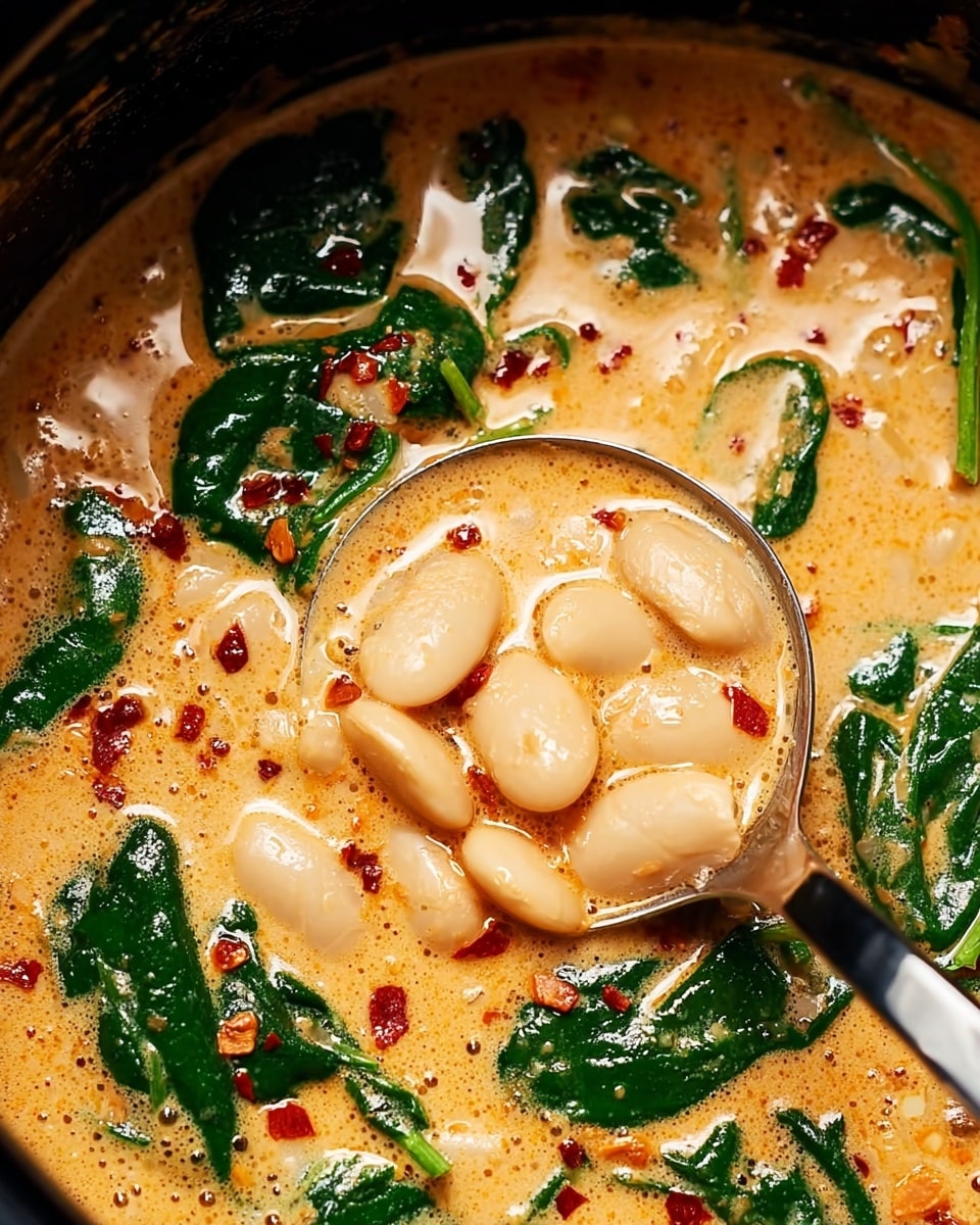 The image shows a close-up of a creamy soup with three visible layers: the first layer is a thick, light orange broth with a smooth texture mixed with red chili flakes scattered on the surface; the second layer includes soft white beans that are plump and evenly spread throughout the soup; the third layer consists of dark green spinach leaves partially submerged, adding contrast to the soup. A silver spoon is scooping a portion of the soup, containing white beans and spinach leaves, and the edge of a dark cooking pot is visible. The background is a white marbled texture. photo taken with an iphone --ar 4:5 --v 7