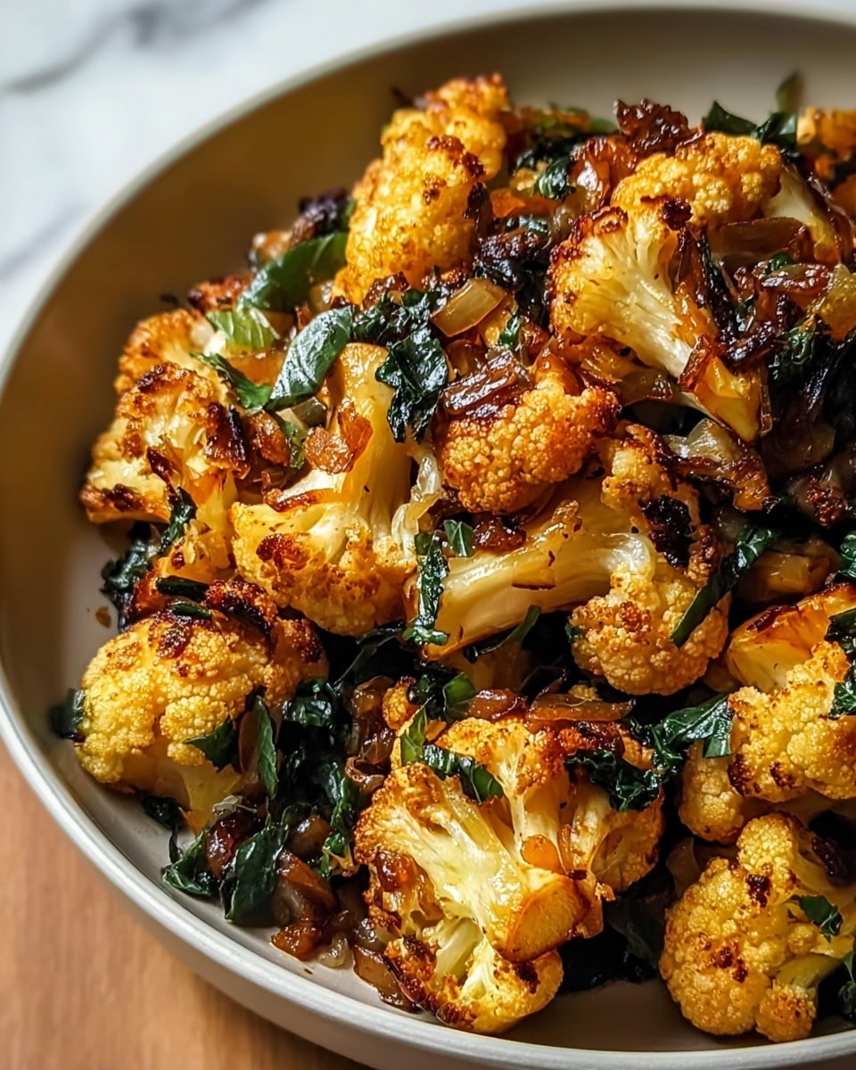 The image shows a close-up of golden brown roasted cauliflower pieces with a slightly charred texture, mixed with dark green wilted leafy herbs and caramelized light brown onion chunks. The vegetables are placed together in a white bowl with a smooth surface and rounded edges, sitting on a white marbled texture. The cauliflower florets are the main focus, showing crispy and roasted surfaces with some juicy parts inside. photo taken with an iphone --ar 4:5 --v 7