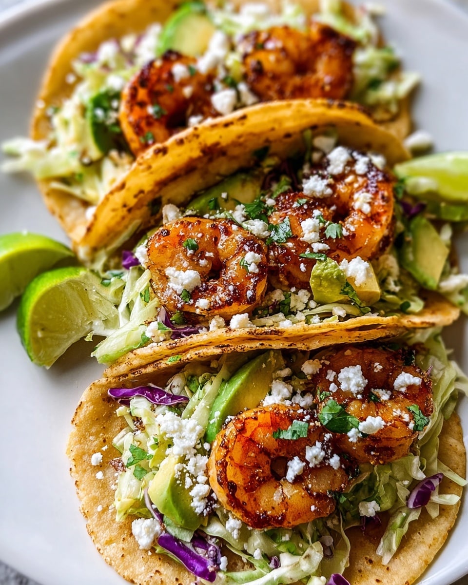 Three shrimp tacos are placed side by side on a white plate, each taco made with a light golden corn tortilla that is slightly crispy with rough edges. Inside each taco, the bottom layer is a mix of shredded green and purple cabbage with a creamy, light-colored dressing. On top of this, there are several pieces of spicy, grilled shrimp with a bright orange and slightly charred surface. Fresh slices of avocado with a soft green color are tucked in each taco, and small white crumbles of cheese are sprinkled over everything, adding texture. The tacos are garnished with small bits of fresh green herbs, and lime wedges sit on the side of the plate. The background is a white marbled texture. Photo taken with an iphone --ar 4:5 --v 7