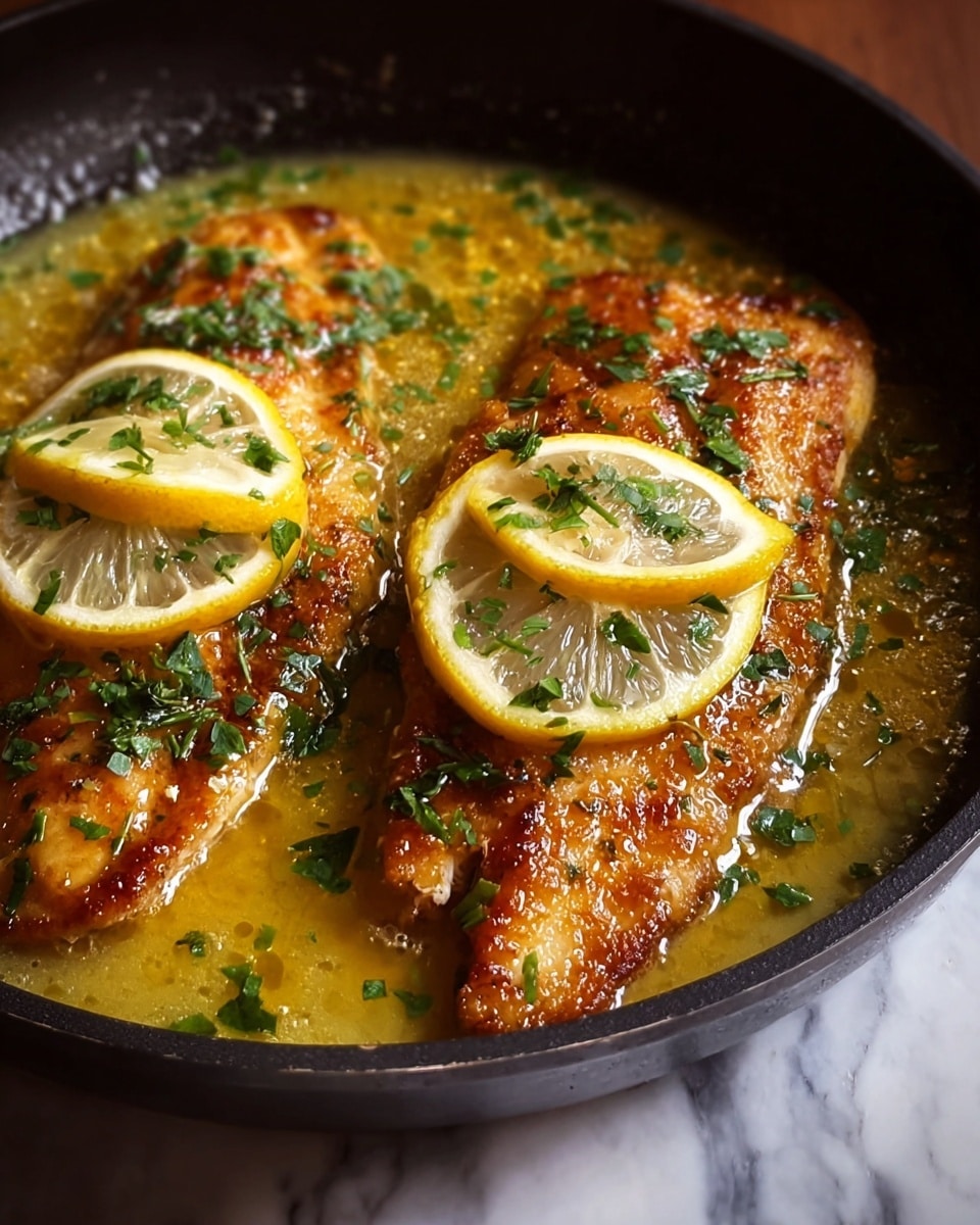 The image shows two golden brown fish fillets cooked in a pan, each topped with a thin slice of lemon and sprinkled with fresh green herbs. The fillets have a crispy, textured surface with a light glistening sauce covering the bottom of the pan, creating a warm, juicy look. The sauce is yellowish, blending softly around the fish pieces, while the herbs add a fresh green contrast scattered over the fish and sauce. The pan is black and placed on a surface with a white marbled texture. photo taken with an iphone --ar 4:5 --v 7