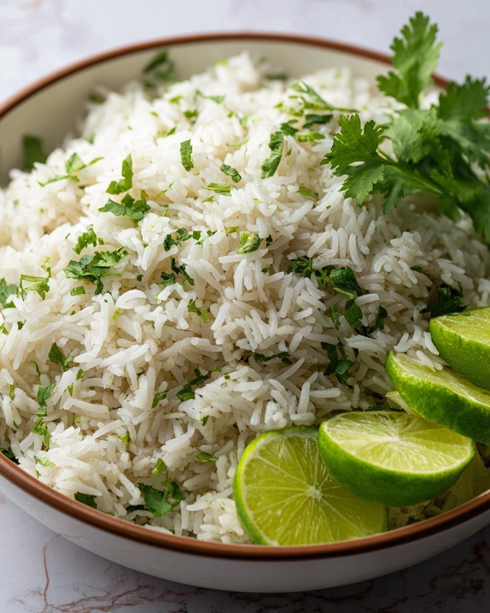 A close-up of a bowl filled with three layers: the bottom layer is a white marbled textured surface, the middle layer is a white bowl with a brown rim, inside the bowl is a heap of white rice mixed with small green chopped herbs, and the top layer shows fresh green cilantro leaves spread over the rice with sliced green lime wedges arranged on the side inside the bowl, bright and fresh in appearance, photo taken with an iphone --ar 4:5 --v 7