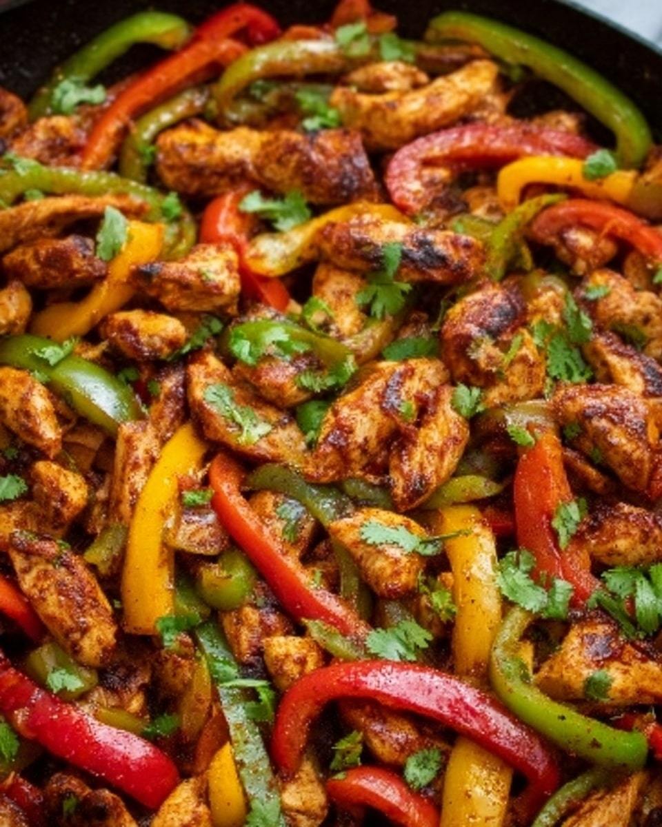 The image shows a close-up of cooked chicken pieces mixed with sliced yellow, red, and green bell peppers, all coated in a rich, reddish-brown seasoning. The chicken and vegetables are evenly spread out, with fresh green cilantro leaves sprinkled on top. The textures highlight the tender chicken and crisp peppers. The dish is set against a white marbled surface. Photo taken with an iphone --ar 4:5 --v 7