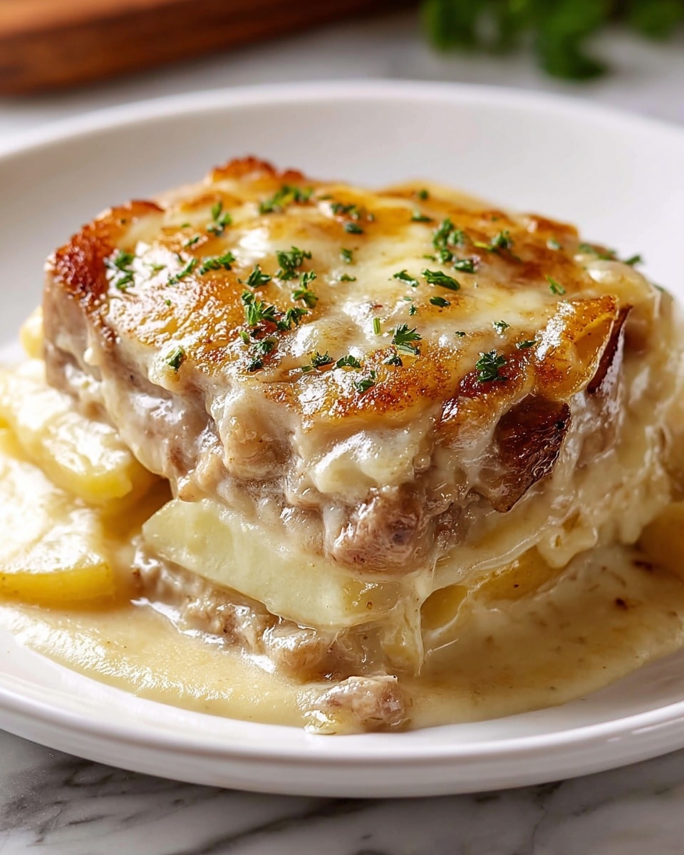 A white plate holds a layered dish with three main layers. The bottom layer is creamy and pale yellow, made of soft, cooked potatoes that look smooth and tender. Above it sits a slightly browned, round piece of meat, covered with a light tan sauce that appears rich and thick. The top layer has melted cheese with golden brown edges, scattered with small green herb pieces that add color contrast. The whole dish looks warm and hearty, placed on a white marbled surface with a soft focus background. Photo taken with an iphone --ar 4:5 --v 7