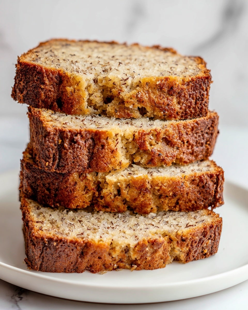 A close-up image of a three-layer stack of banana bread slices on a white marbled surface. The bottom two layers are thick slices of golden-brown crusted banana bread with visible soft, moist interiors dotted with dark banana flecks. The top layer is two smaller rectangular slices stacked on each other, showing a soft, light beige texture filled with small dark brown specks throughout. The edges are slightly crisp and the bread looks fresh. Photo taken with an iphone --ar 4:5 --v 7