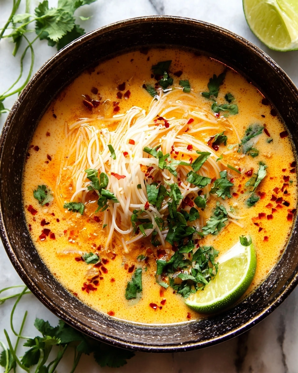 A black bowl filled with creamy orange broth layered with light yellow noodles in the center, topped with green leafy cilantro and red chili flakes scattered around. A green lime wedge sits on the right side of the noodles, while some thin white slices, possibly onion or bamboo shoots, float in the broth. The soup surface shows small bubbles and streaks of oil. The bowl rests on a white marbled surface. photo taken with an iphone --ar 4:5 --v 7