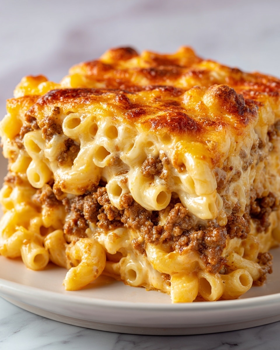 A close-up image of a single square piece of baked macaroni and cheese with ground beef. The bottom layer has tubular macaroni pasta in creamy cheese sauce. Above it is a thick, dense layer of browned ground beef. The top layer is gooey, melted, golden-brown cheddar cheese with small browned spots, covering the pasta and beef underneath. The texture of the cheese looks soft and stretchy, while the beef appears crumbly and juicy. The photo is sharp with bright natural light showing the dish’s rich colors and textures against a white marbled surface. photo taken with an iphone --ar 4:5 --v 7