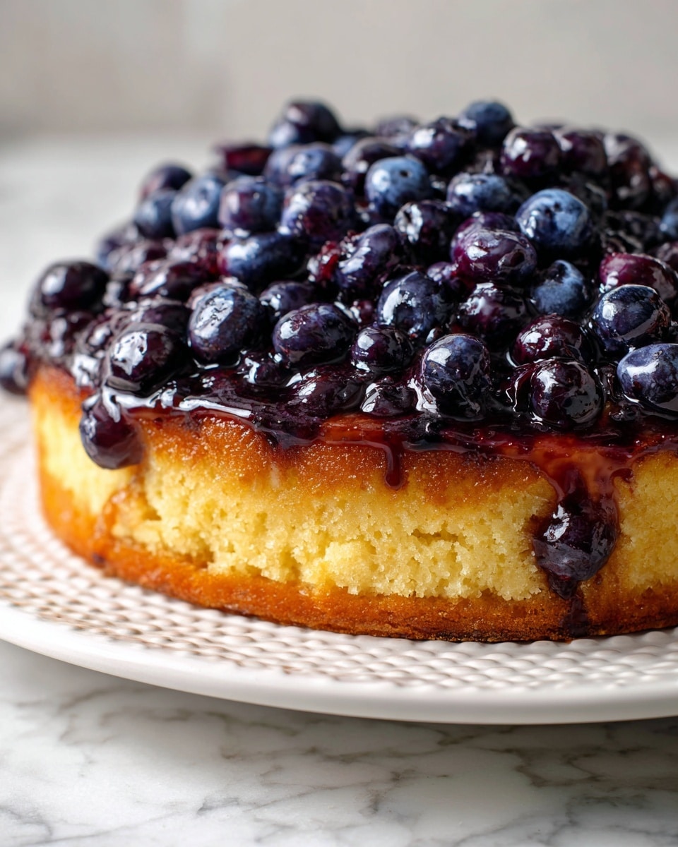 A single-layer round cake sits on a white plate with a beaded edge, featuring a golden-yellow base that looks soft and slightly crumbly, topped with a thick, glossy layer of dark purple blueberries that appear juicy and slightly syrupy, covering the entire surface evenly. The cake edges show a light brown crust touching the plate, and the background is a white marbled texture. photo taken with an iphone --ar 4:5 --v 7