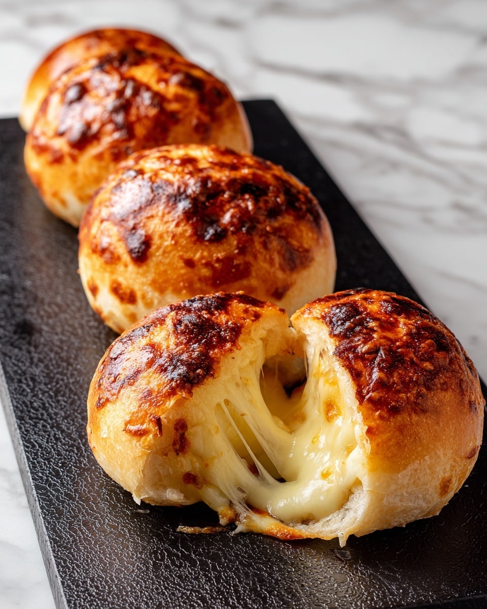 Four golden brown fried dumplings are arranged in a neat row on a dark textured surface. The first dumpling is slightly torn open, revealing gooey, melted white cheese stretching out in long, thin strands that glisten with softness. The outside of each dumpling shows a crispy, uneven finish with darker browned spots that add texture and a crunchy look. The edges are smooth and slightly rounded, with a soft yellow dough peeking through the browned crust. The photo is close up, showing fine details of the cheese and cooked dough. Photo taken with an iphone --ar 4:5 --v 7