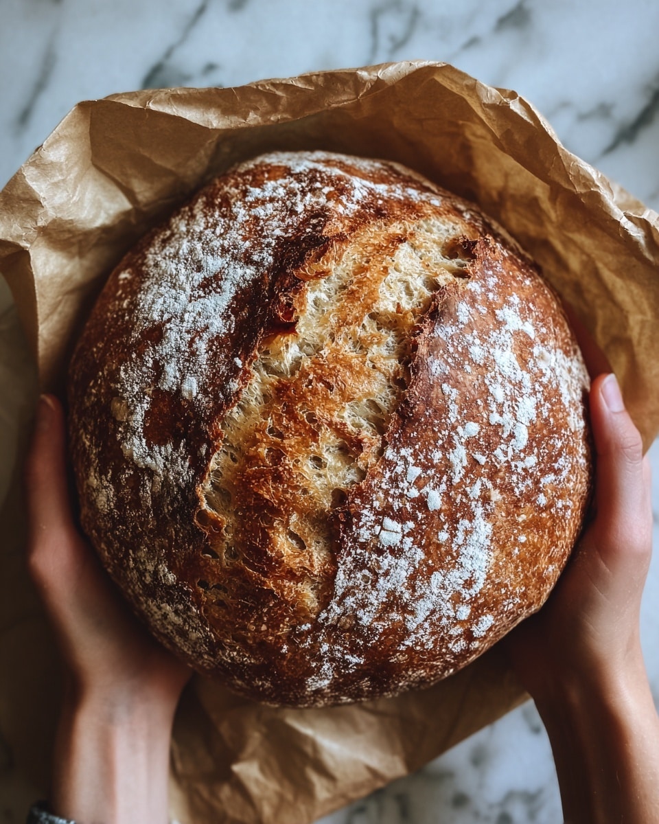 A close-up view of a round loaf of bread with a golden brown crust, showing some darker toasted spots and a light dusting of flour on top. The bread has a rough, crispy texture with visible cracks and uneven surface. It is held gently by woman's two hands from the sides, resting on a piece of light brown parchment paper. The background features a white marbled texture. photo taken with an iphone --ar 4:5 --v 7