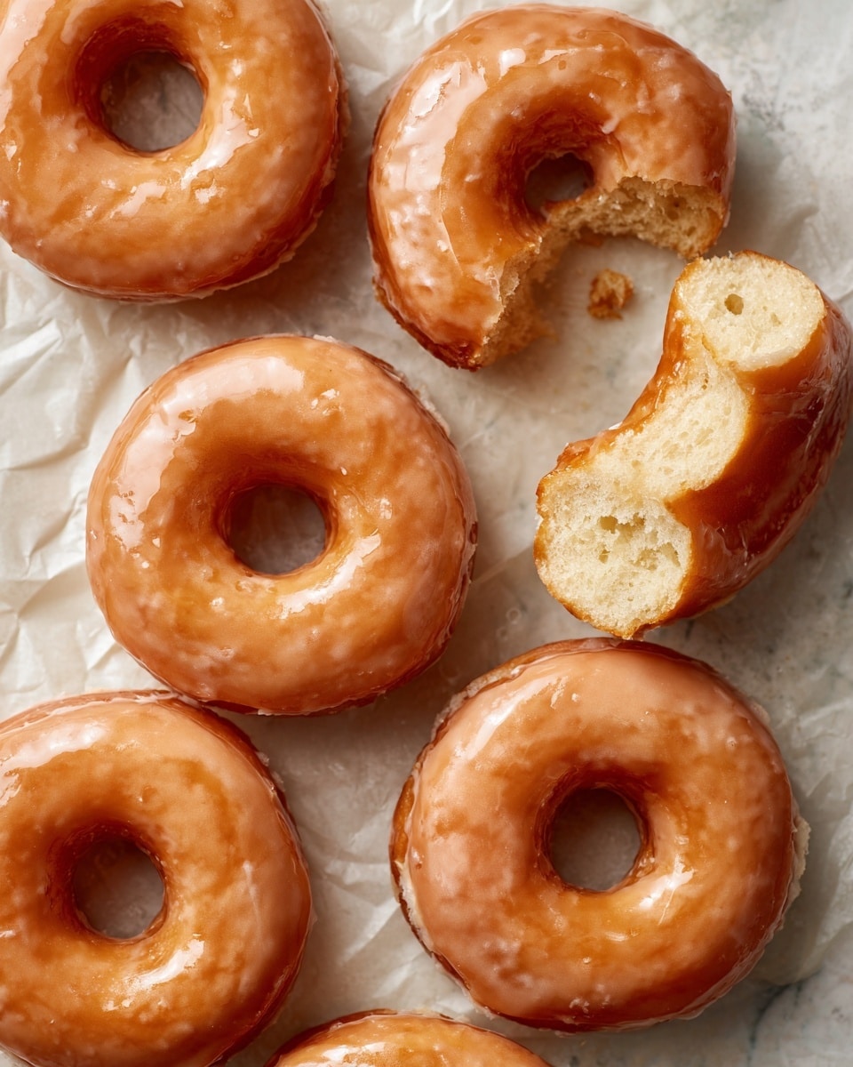The image shows seven glazed donuts with a shiny, smooth, light brown glaze covering their surface. Each donut has a perfectly round hole in the center, and they rest on crinkled parchment paper over a white marbled texture. One donut at the top right has a bite taken out, revealing a soft, fluffy, pale yellow interior with airy holes. The donuts are arranged closely, filling the frame with their warm golden tones. photo taken with an iphone --ar 4:5 --v 7