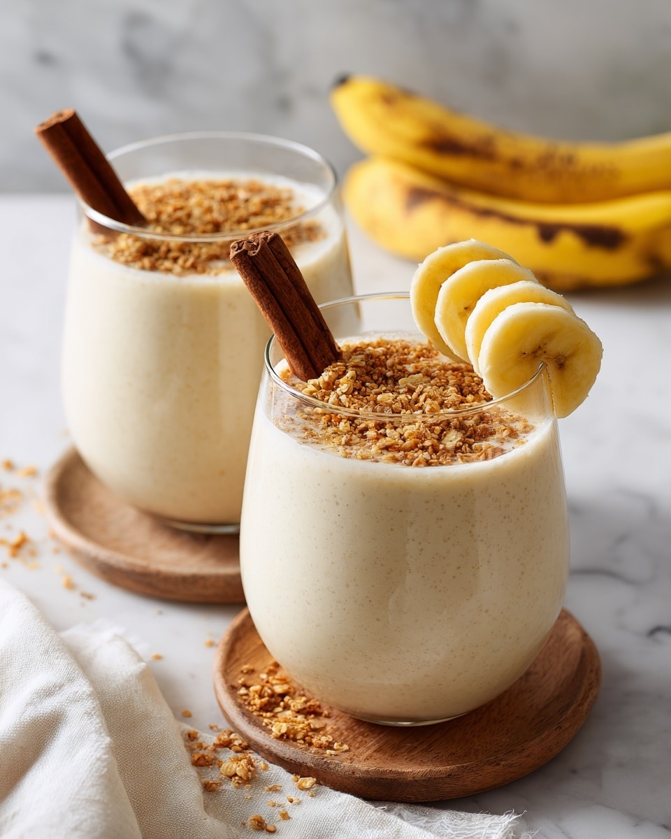 A clear glass is filled almost to the top with a creamy light beige smoothie. On top of the smoothie, there is a layer of light brown granola. Two round banana slices with pale yellow color and dark brown seeds are placed on the rim of the glass, and a dark brown stick is inserted into the smoothie. In the background, there is a second glass with the same smoothie and a banana slice on its rim. Two ripe yellow bananas with some brown spots lie on a white marbled textured surface, with a white cloth partially covering it. Photo taken with an iphone --ar 4:5 --v 7