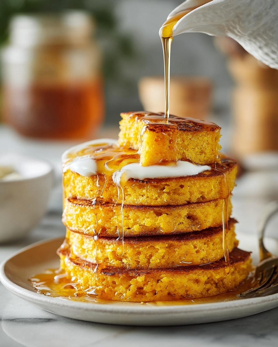 A close-up of a stack of three thick, golden yellow corn pancakes with a coarse, grainy texture. On top of the stack is a smaller cut piece of pancake with a soft, spongy inside and a smooth white layer of cream or butter spread evenly on top. Golden honey is being poured over the stack and dripping down the sides, creating a shiny, sticky glaze that pools at the base. The stack sits on a white plate, placed on a white marbled surface, with a blurred background showing hints of a jar and kitchen items. Photo taken with an iphone --ar 4:5 --v 7